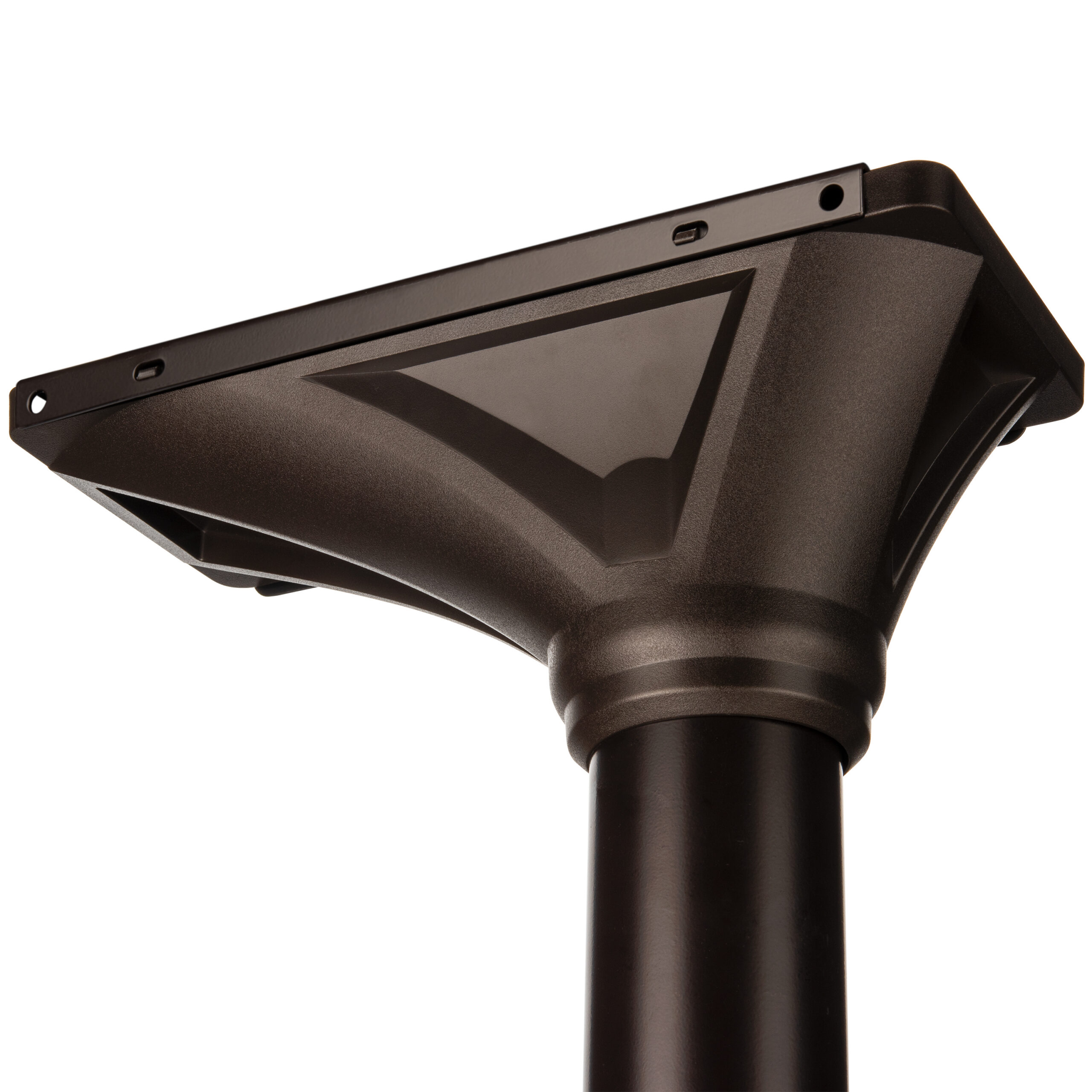 Close-up of a black streetlight fixture mounted on top of a dark pole (LED floodlight)