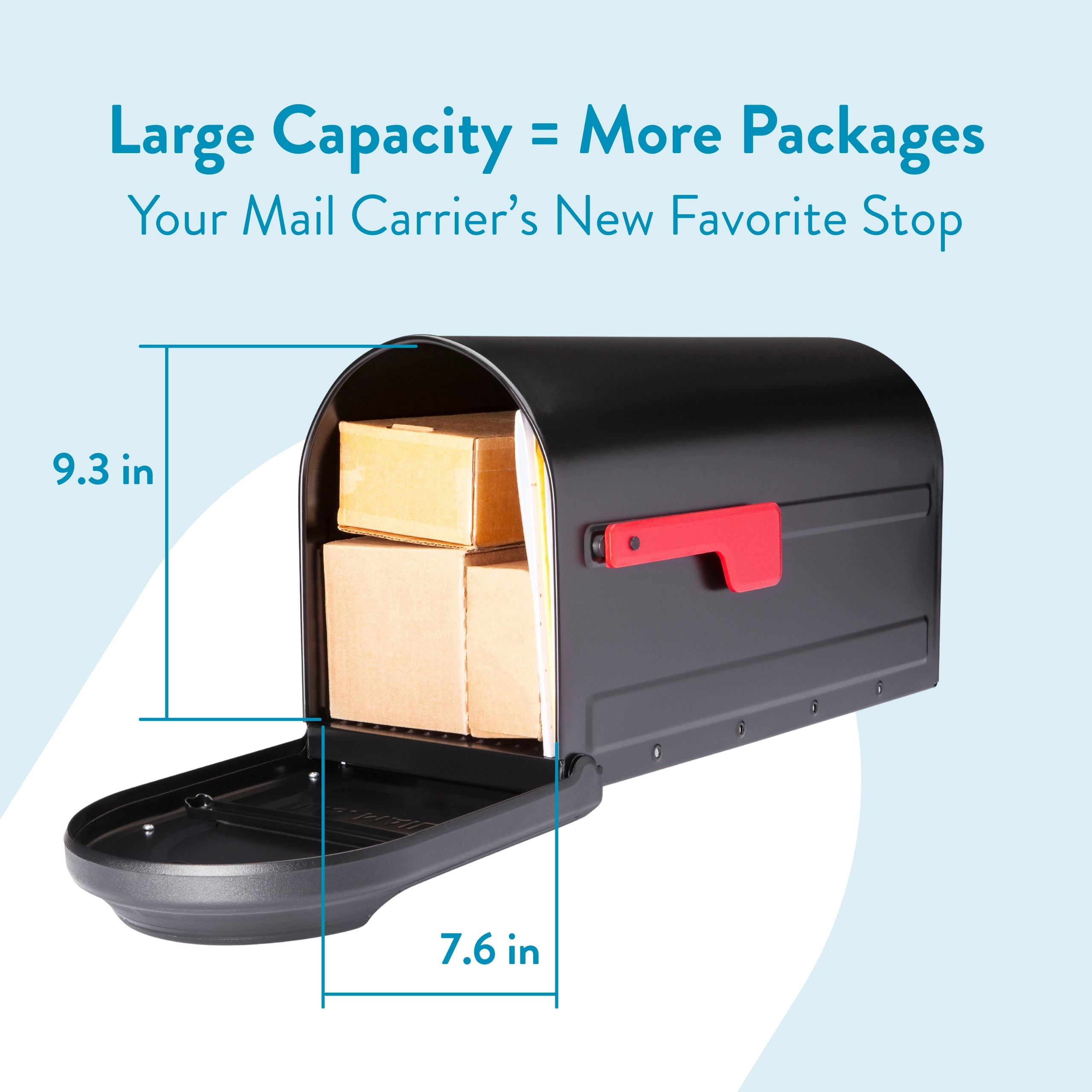 Black mailbox with its door open, showing stacked cardboard boxes to illustrate large capacity (9.3 in high, 7.6 in deep) in a light blue promotional design