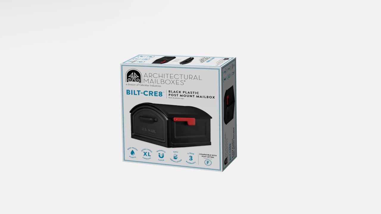 Boxed packaging for Architectural Mailboxes BILT-CRE8 black plastic post-mount mailbox with red flag on the front of the box