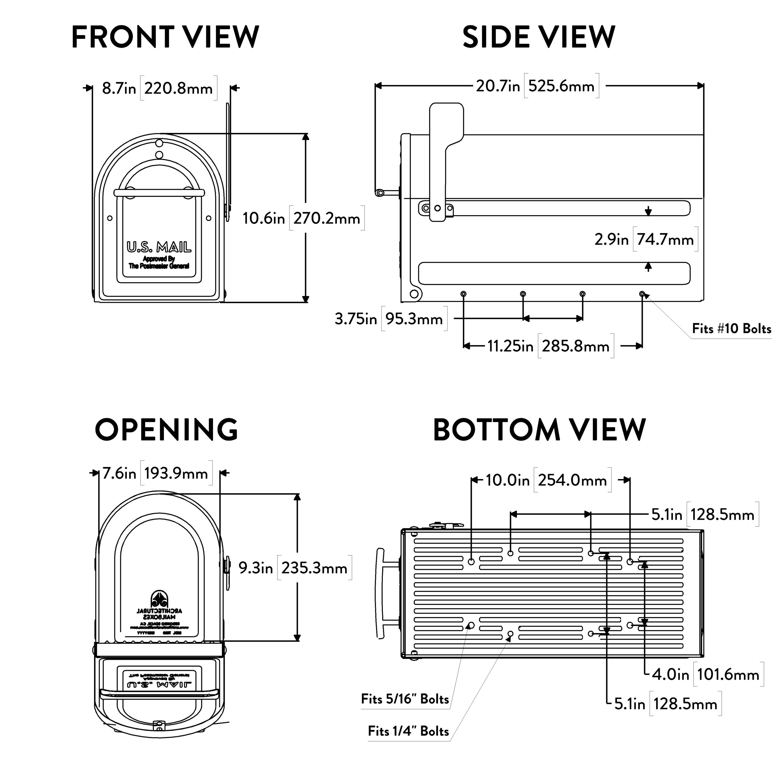 Technical multi-view diagram of a mail lock product showing Front, Side, Opening, and Bottom views with dimensions in inches and millimeters for installation and mounting.