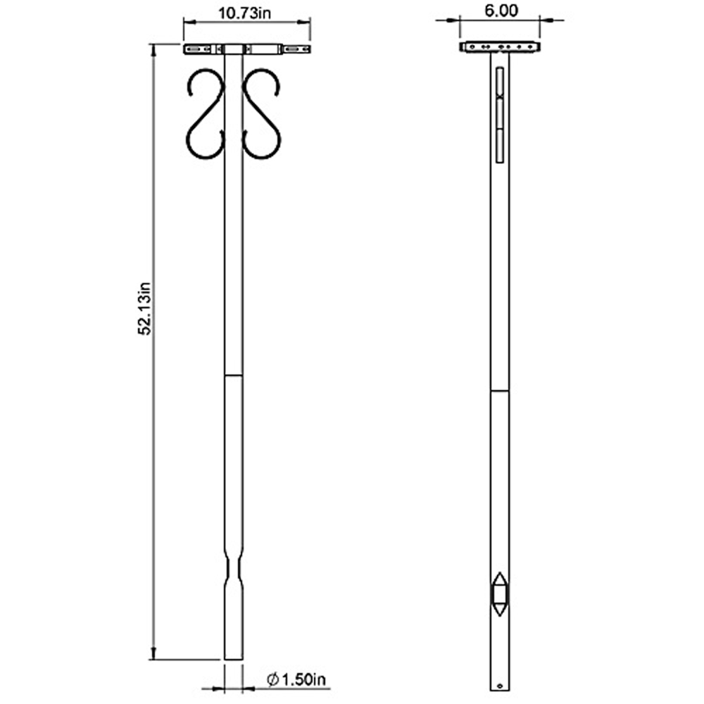 Technical drawing of a 52.13-inch tall decorative pole with scroll-top adornments, 1.5-inch diameter; front view shows a 10.73-inch top width, side view shows 6-inch width and a mounting area.