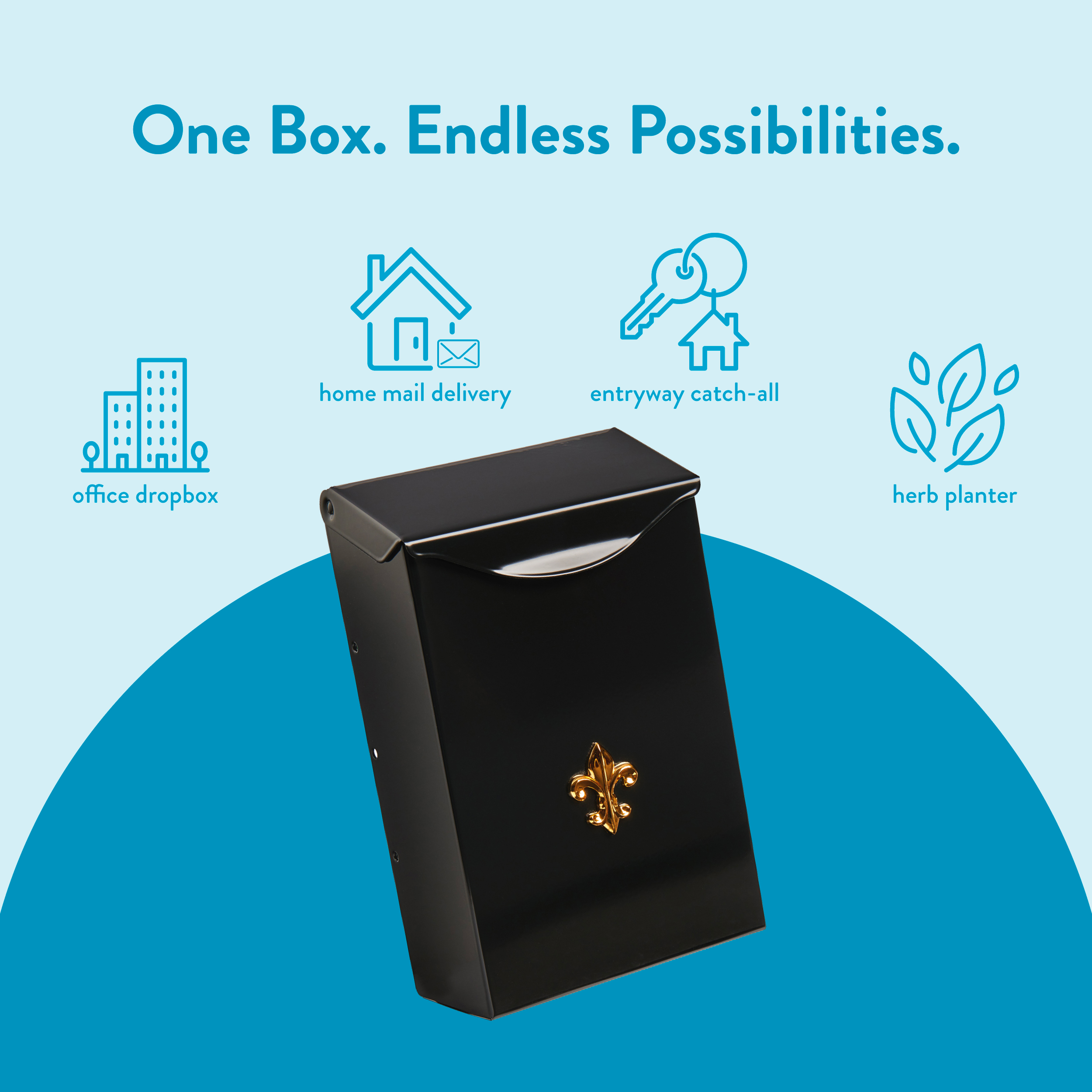Black mailbox featuring a gold fleur-de-lis on a teal arc background with blue icons and caption 'One Box. Endless Possibilities.' (marketing, versatile uses)