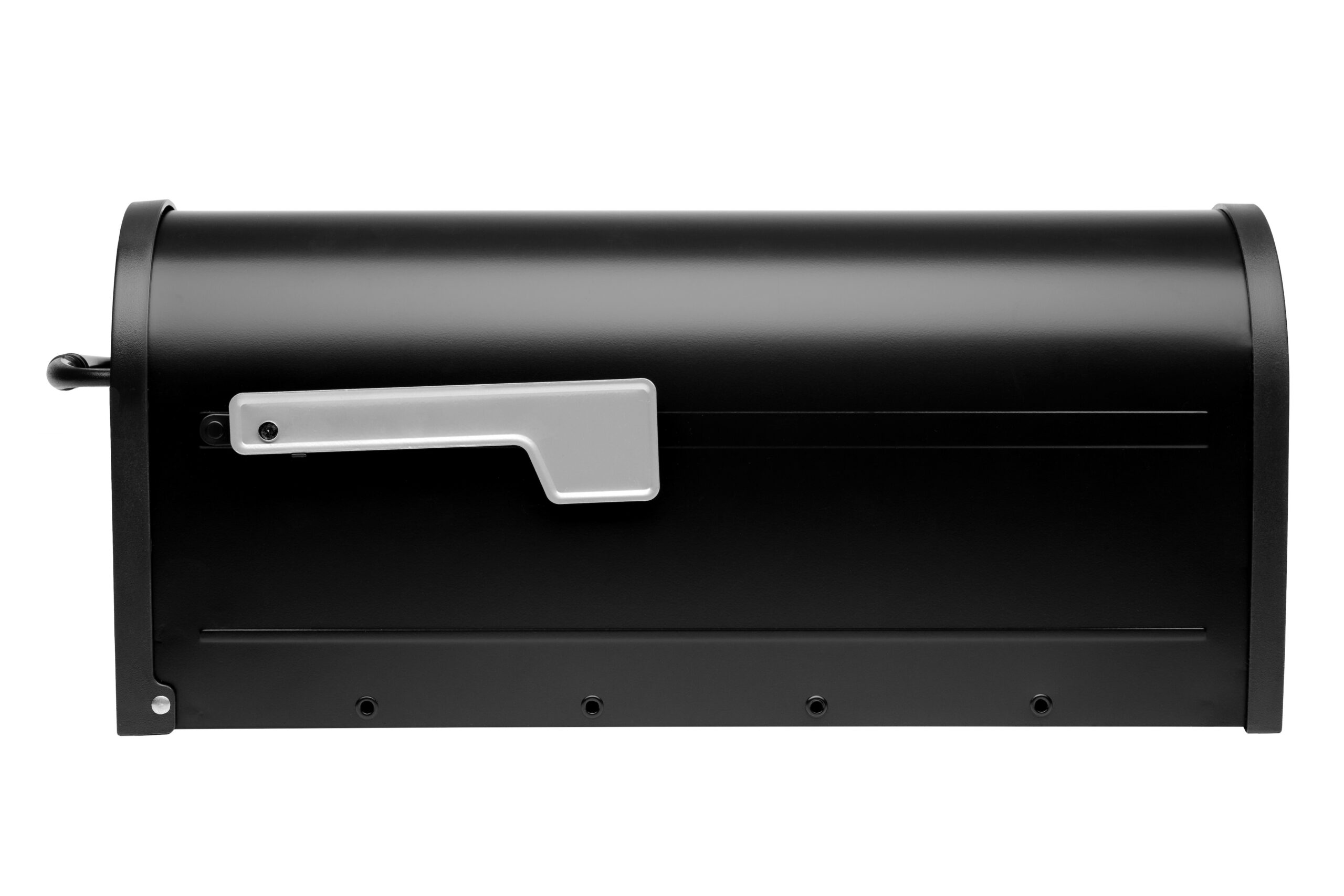 Black curbside mailbox with a silver lever-style door handle and a flag on the left side.