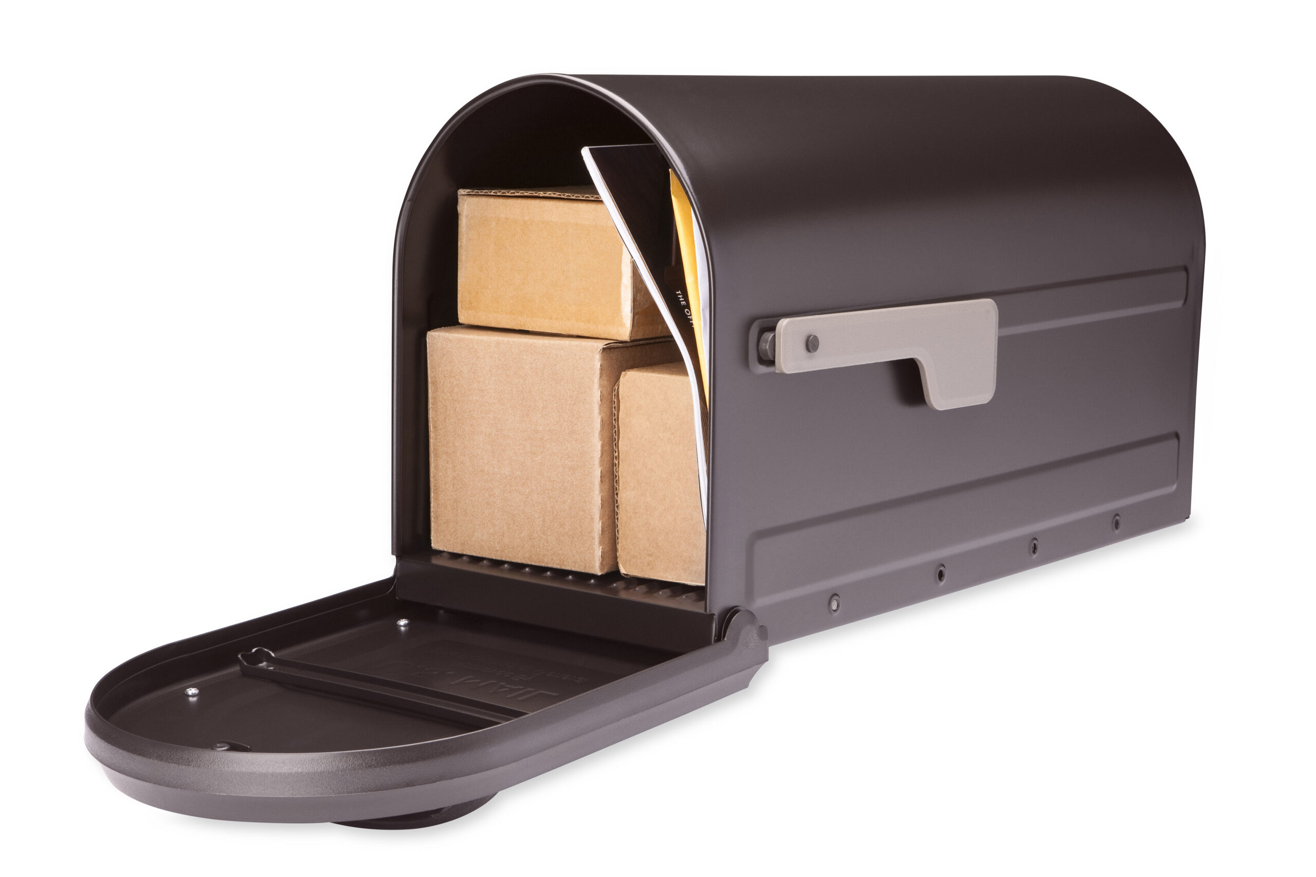 Open black mailbox with two cardboard boxes and mail inside, ready for pickup or delivery