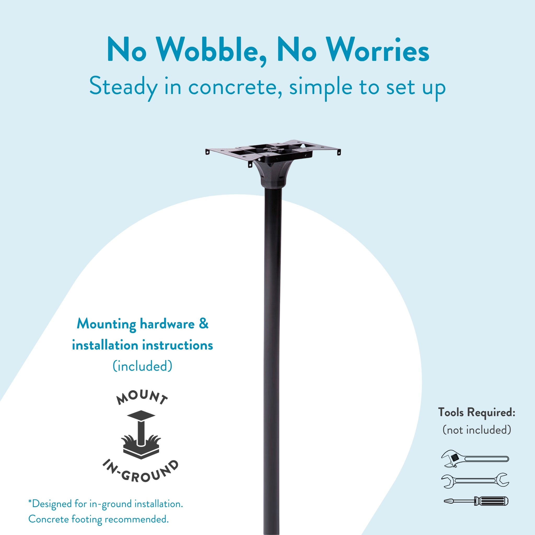 Floor mounting pole with a top mounting plate and text about no-wobble setup; hardware included.