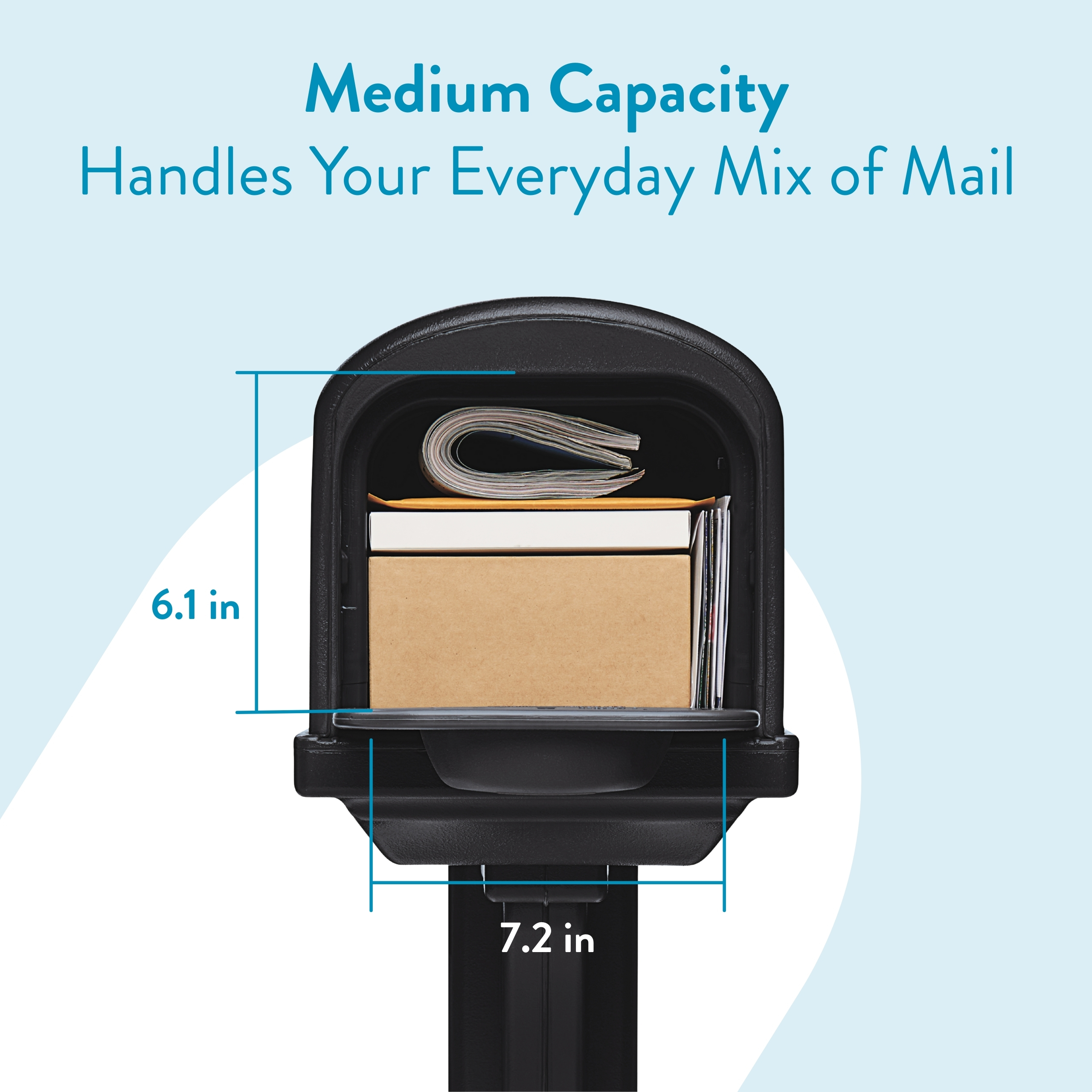 Promotional image of a medium-capacity mailbox filled with mail; blue measurement lines indicate 6.1 in tall and 7.2 in wide.