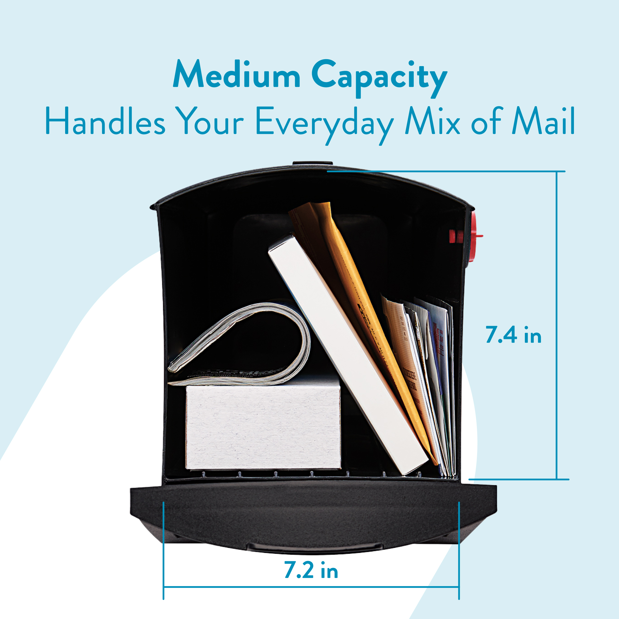 Medium-capacity mailbox shown with magazines, letters, and items inside; dimensions 7.4 in high by 7.2 in wide.