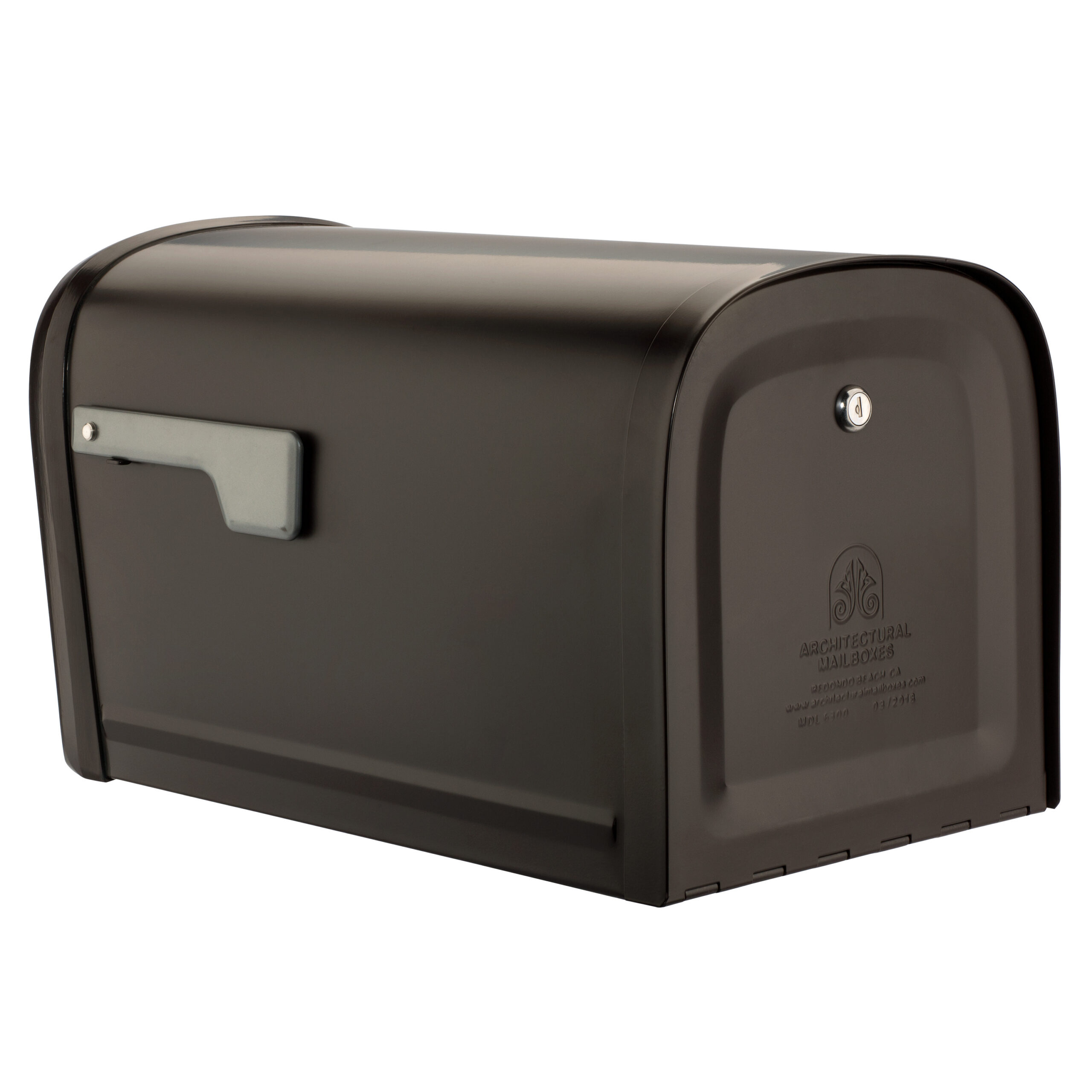Curved black metal mailbox with a rounded front door and a silver latch on the side.
