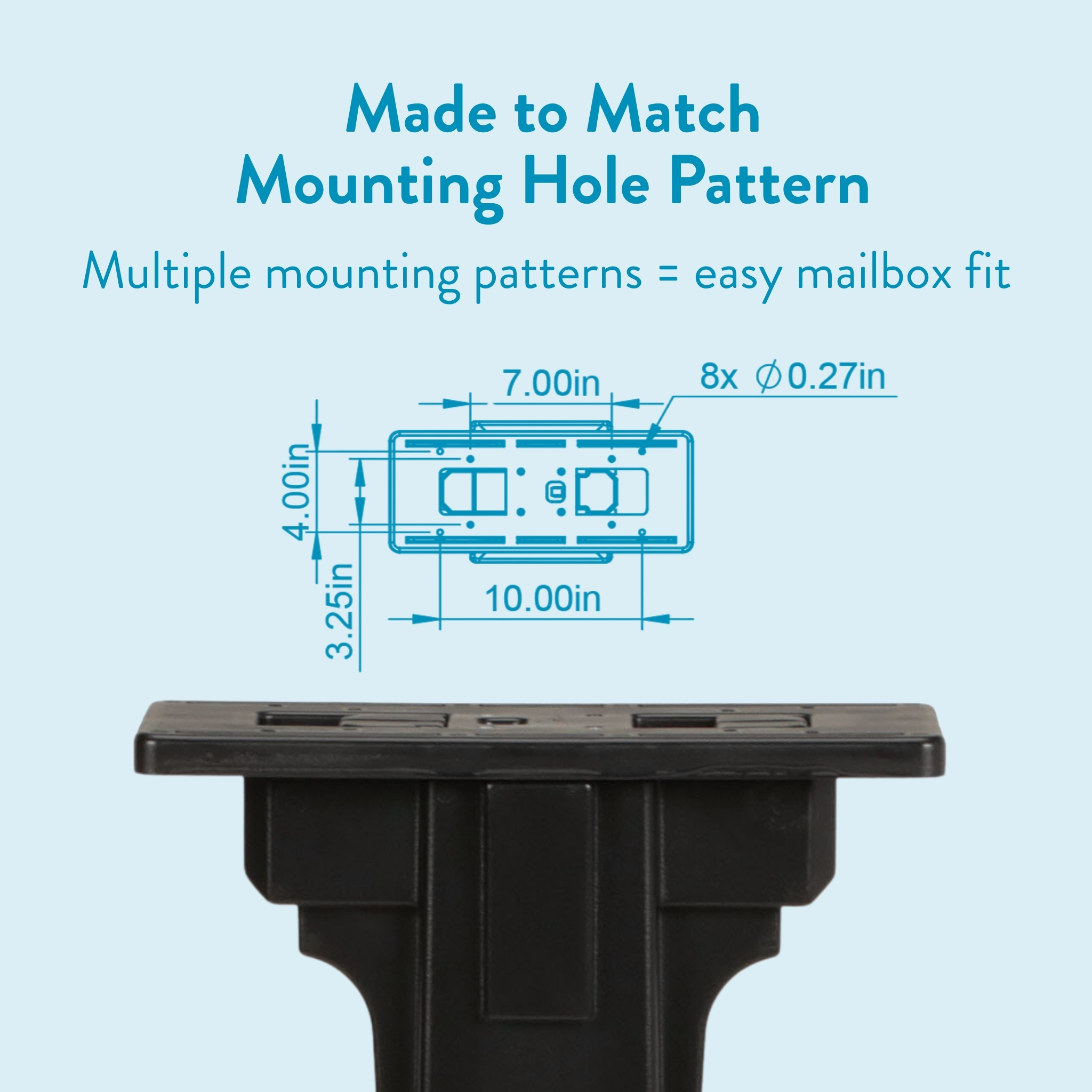 Blue schematic showing mounting hole pattern with dimensions for a mailbox bracket, with a black mounting piece beneath it on a pale blue background.