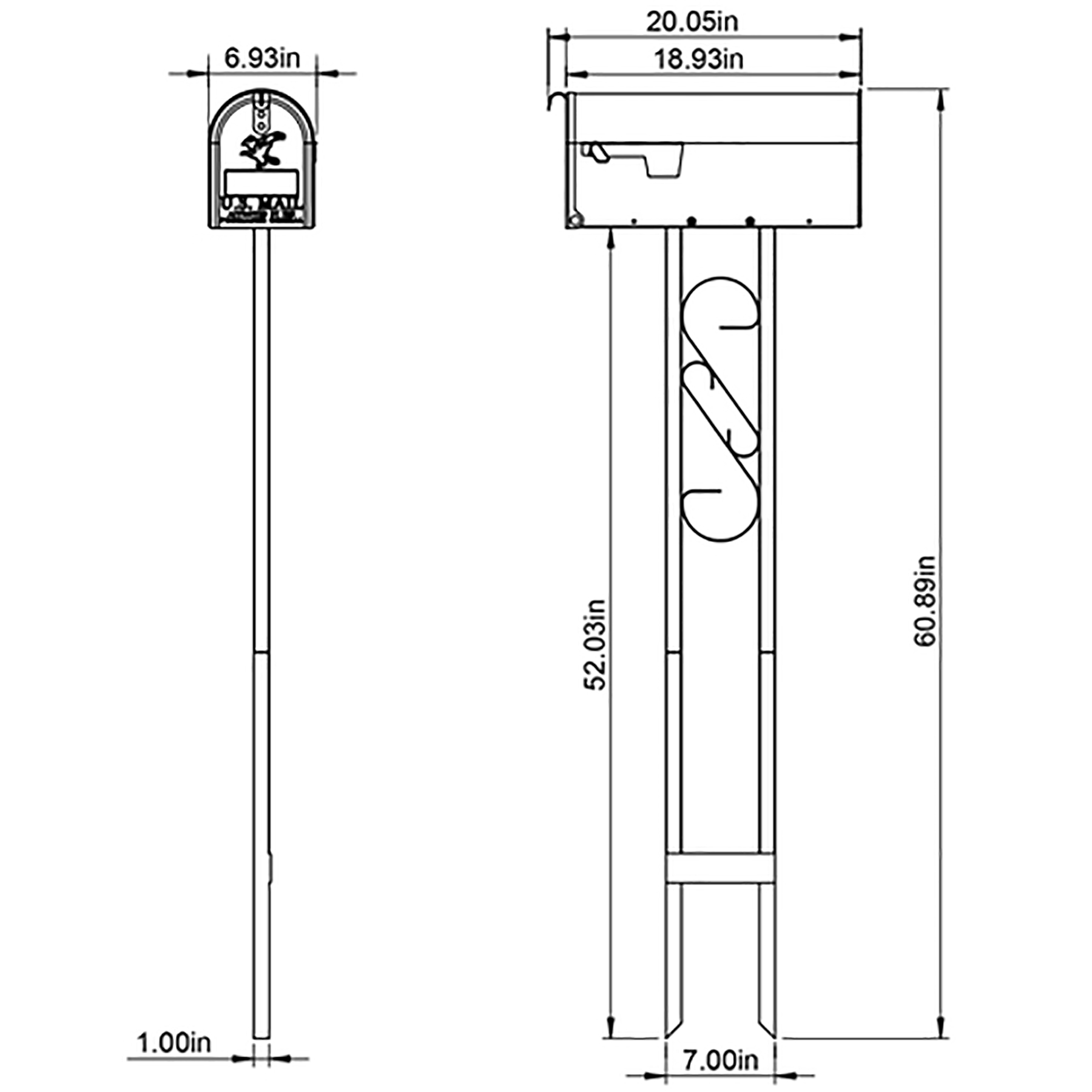 Engineering drawing of a tall freestanding mailbox on a post, with a small front mailbox at top and a long supporting post; overall height 60.89 inches, base 7 inches wide, mailbox width about 6.93 inches, top length about 20 inches.