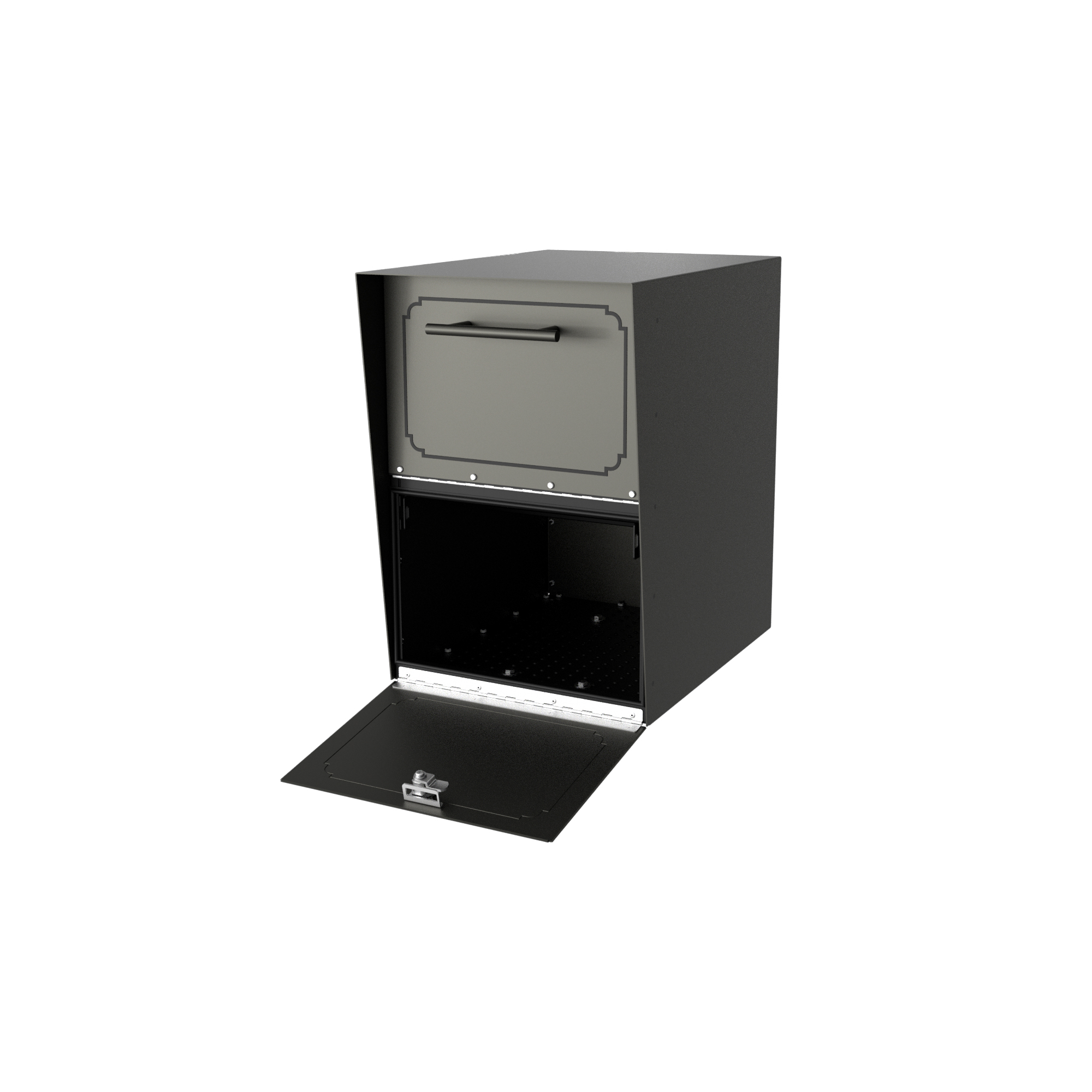 Black metal deposit safe with the bottom drop hatch open, revealing an empty interior area.