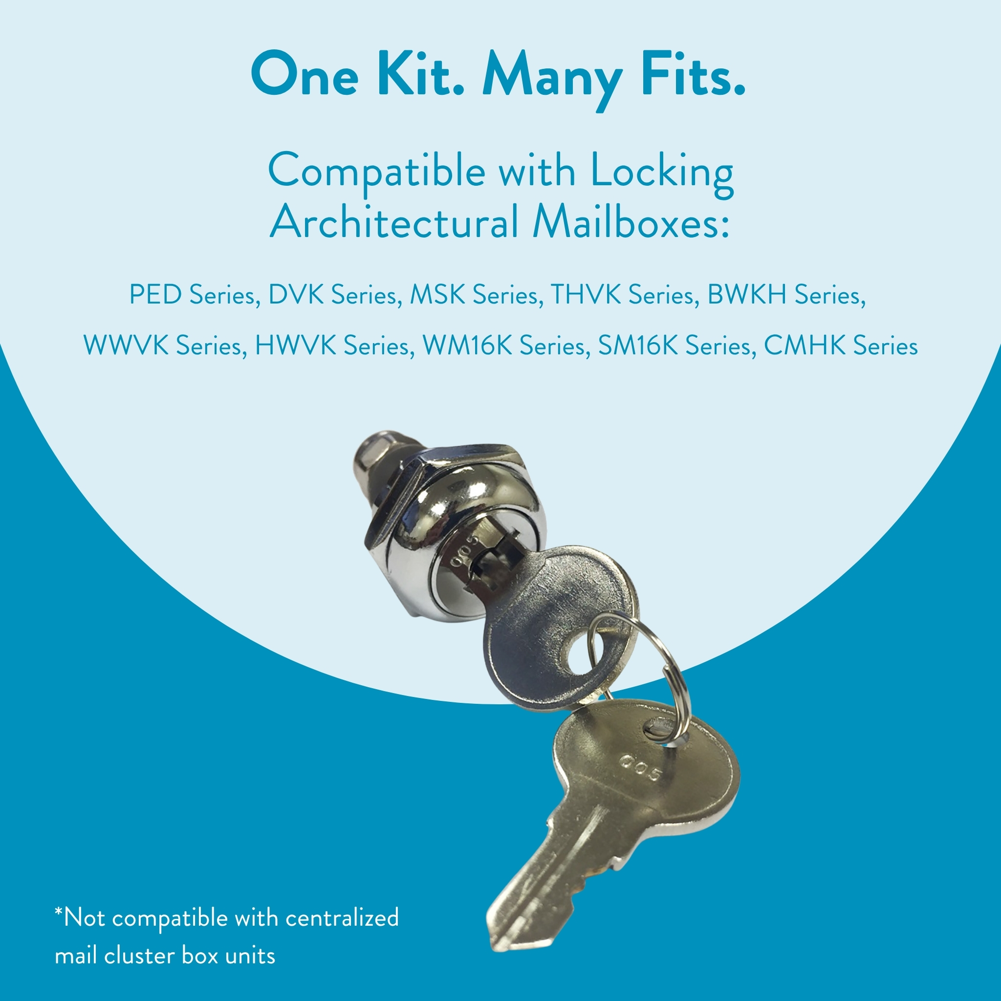 Marketing graphic for a universal mailbox kit; shows a cam lock and keys on a blue background with compatibility list on top.