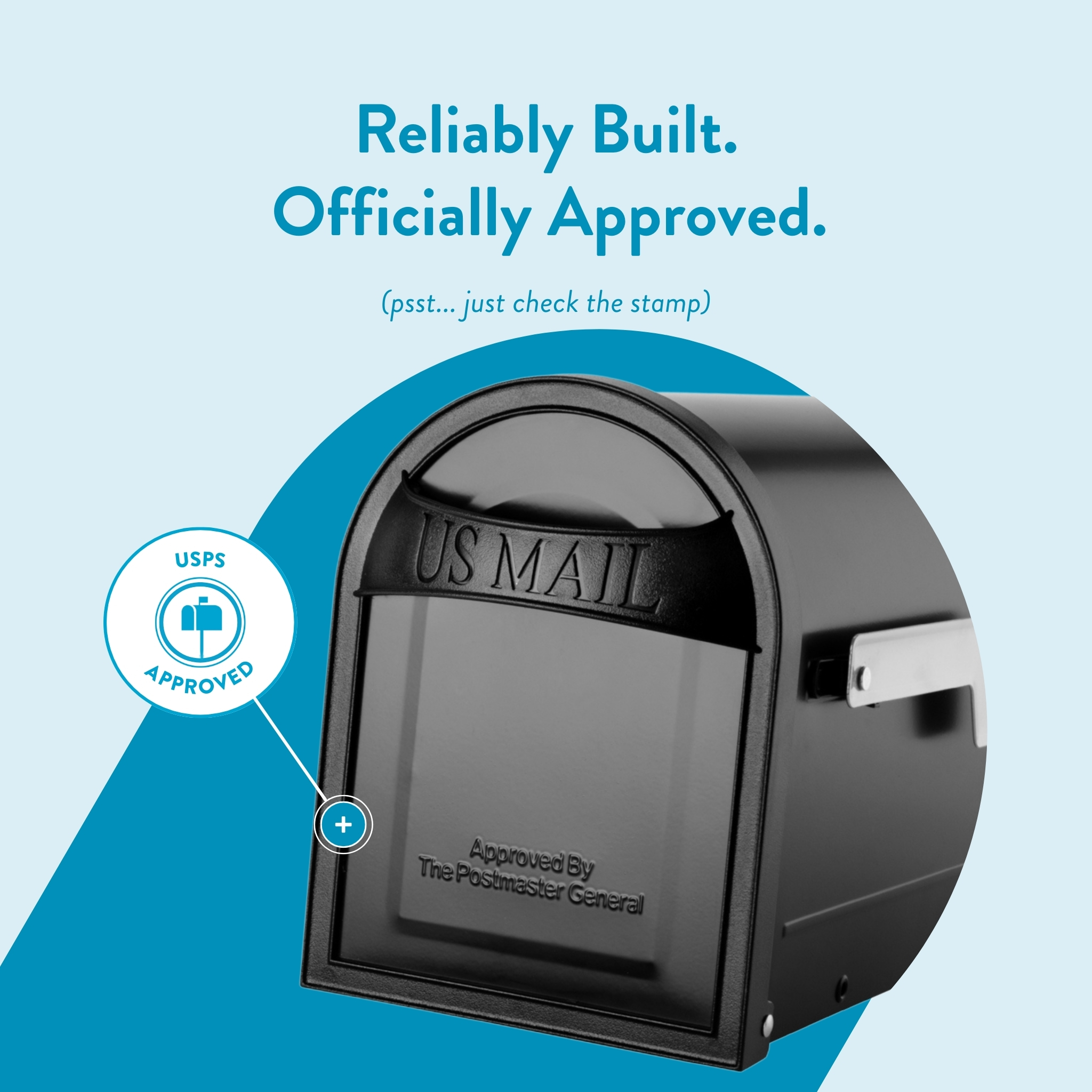 Promotional graphic: a USPS mailbox with an 'USPS Approved' stamp and the headline 'Reliably Built. Officially Approved.'