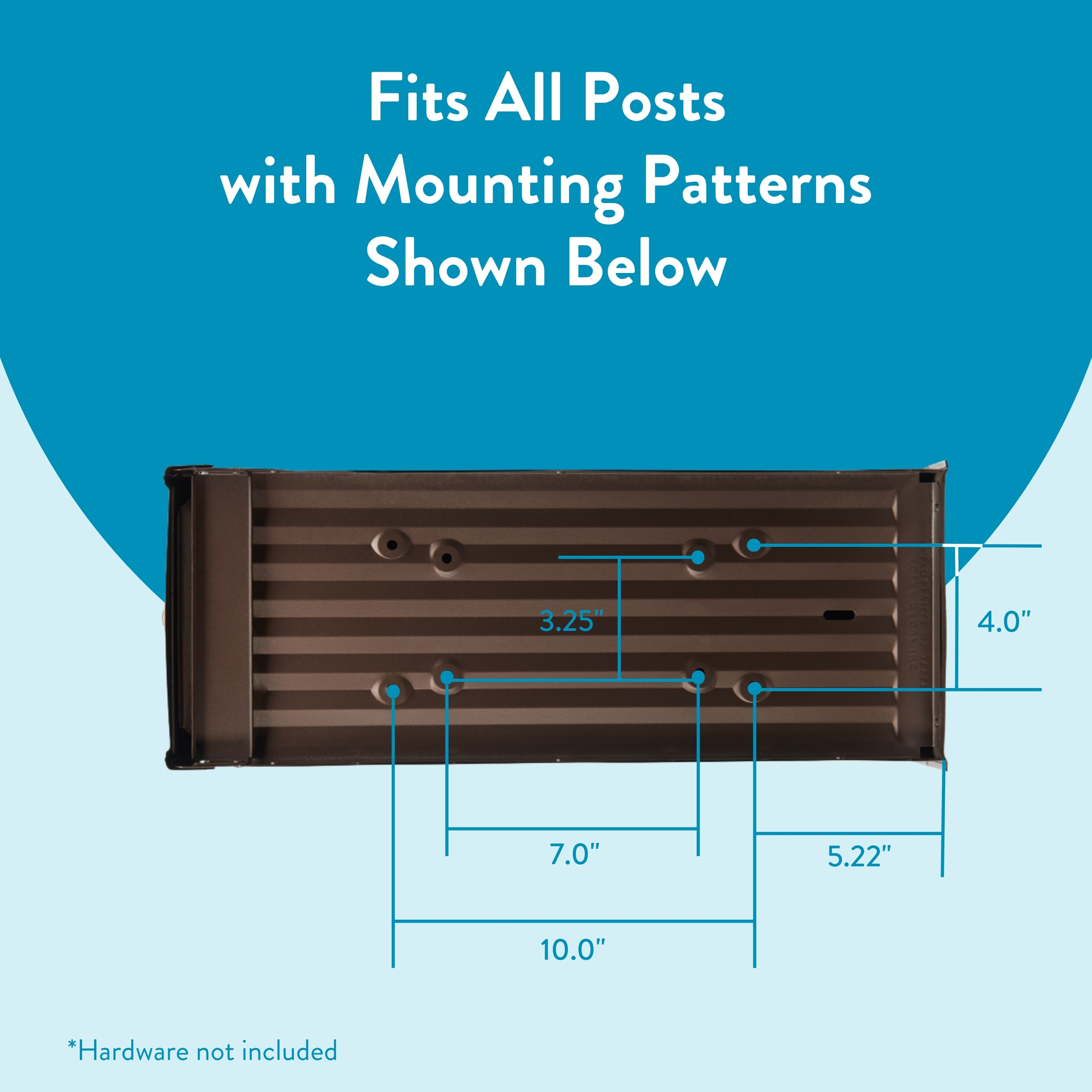 Infographic showing a mounting plate with measurements: overall 10.0" width, internal 7.0" and 5.22" spacings, 3.25" and 4.0" dimensions; text reads 'Fits All Posts with Mounting Patterns Shown Below'