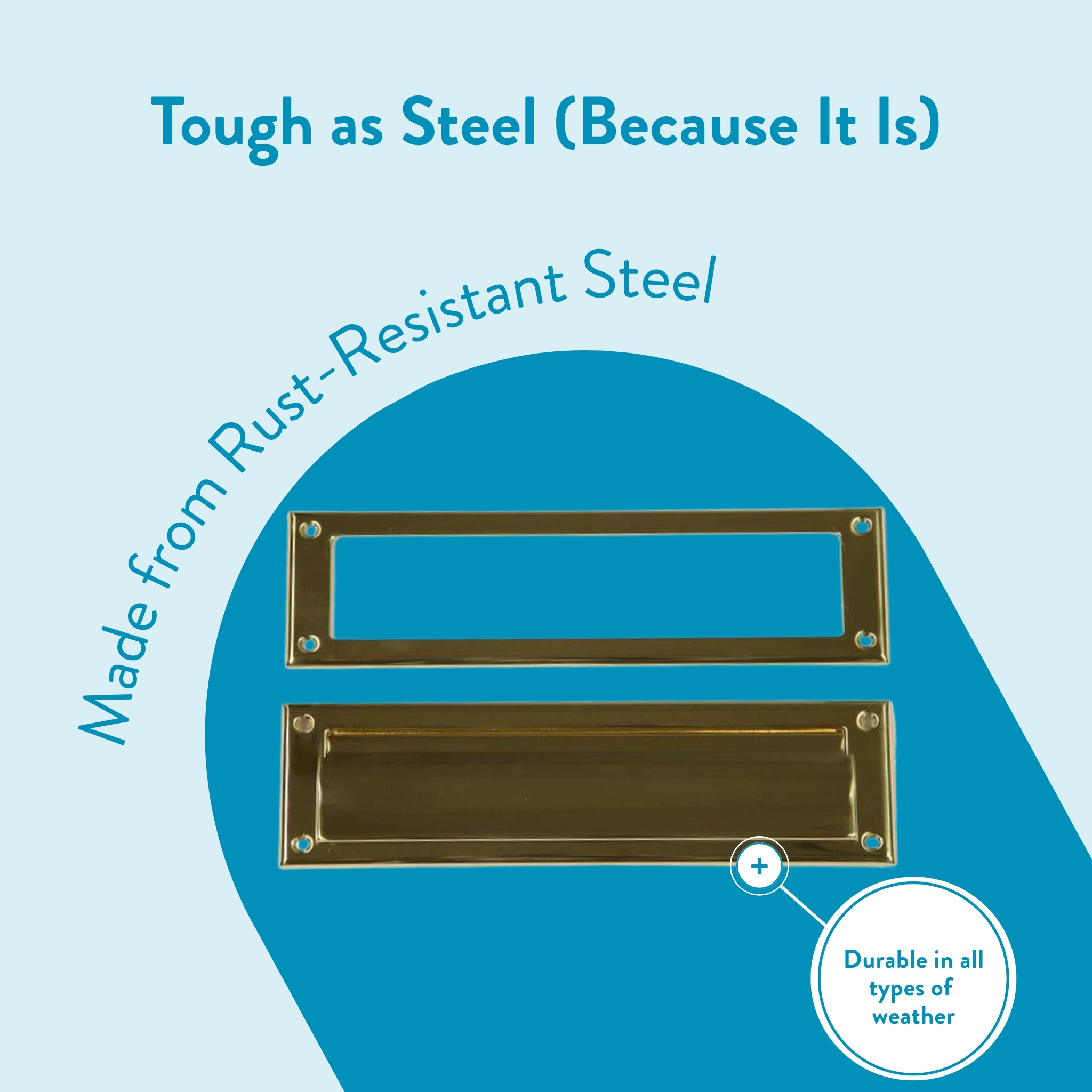 Ad banner highlighting rust-resistant steel durability for mail slots, featuring brass rectangular slots on a blue background with curved text."