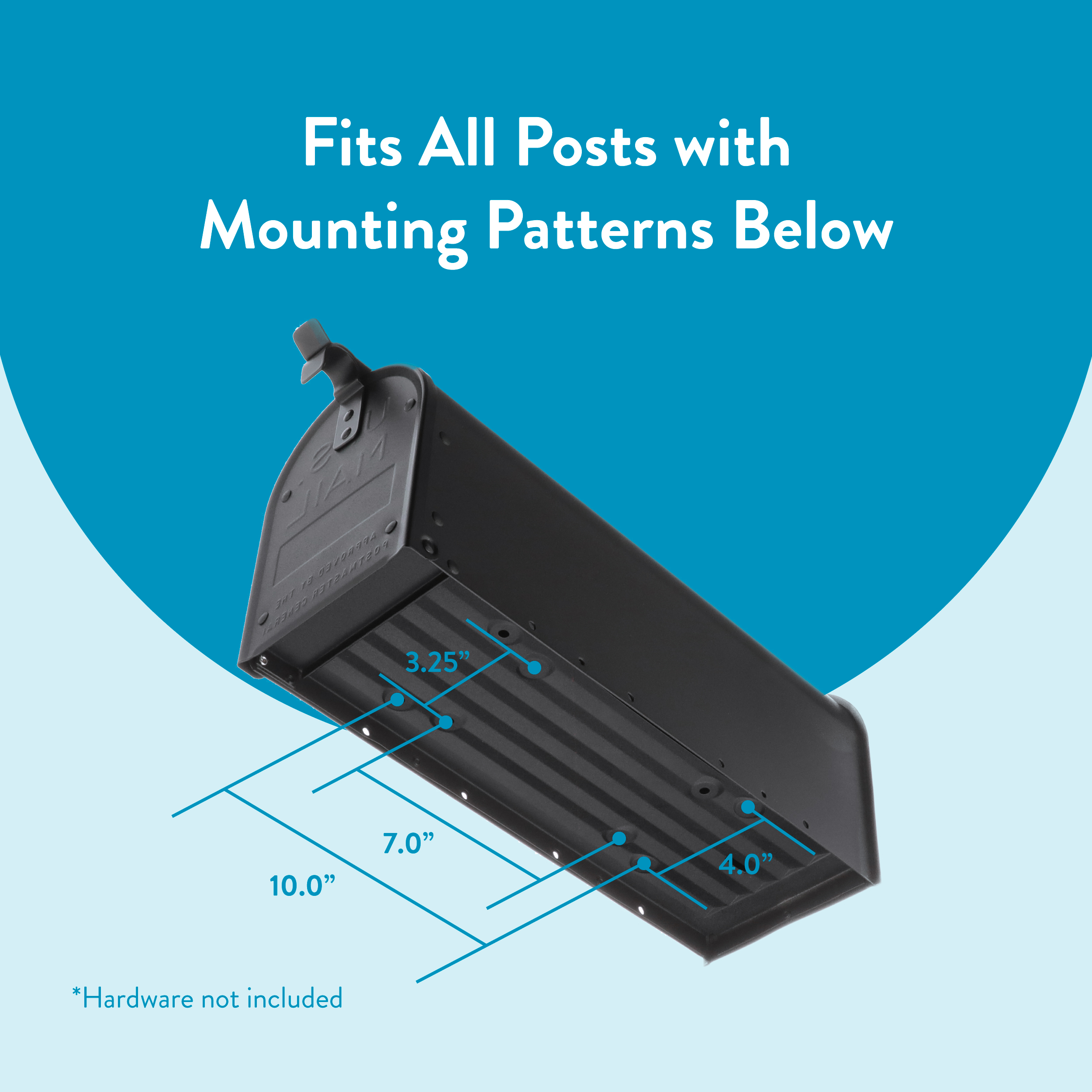 Diagram of mounting pattern for a light fixture showing 10", 7", 4" spacing and 3.25" offset; hardware not included.
