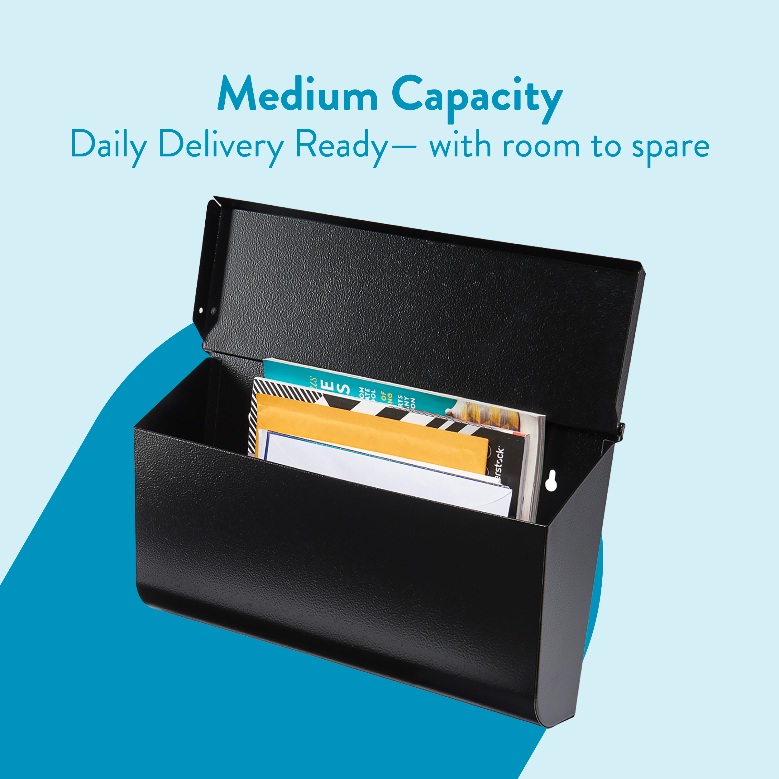Open black medium-capacity delivery box with mail and envelopes inside, on a light blue background with a teal arc behind it.