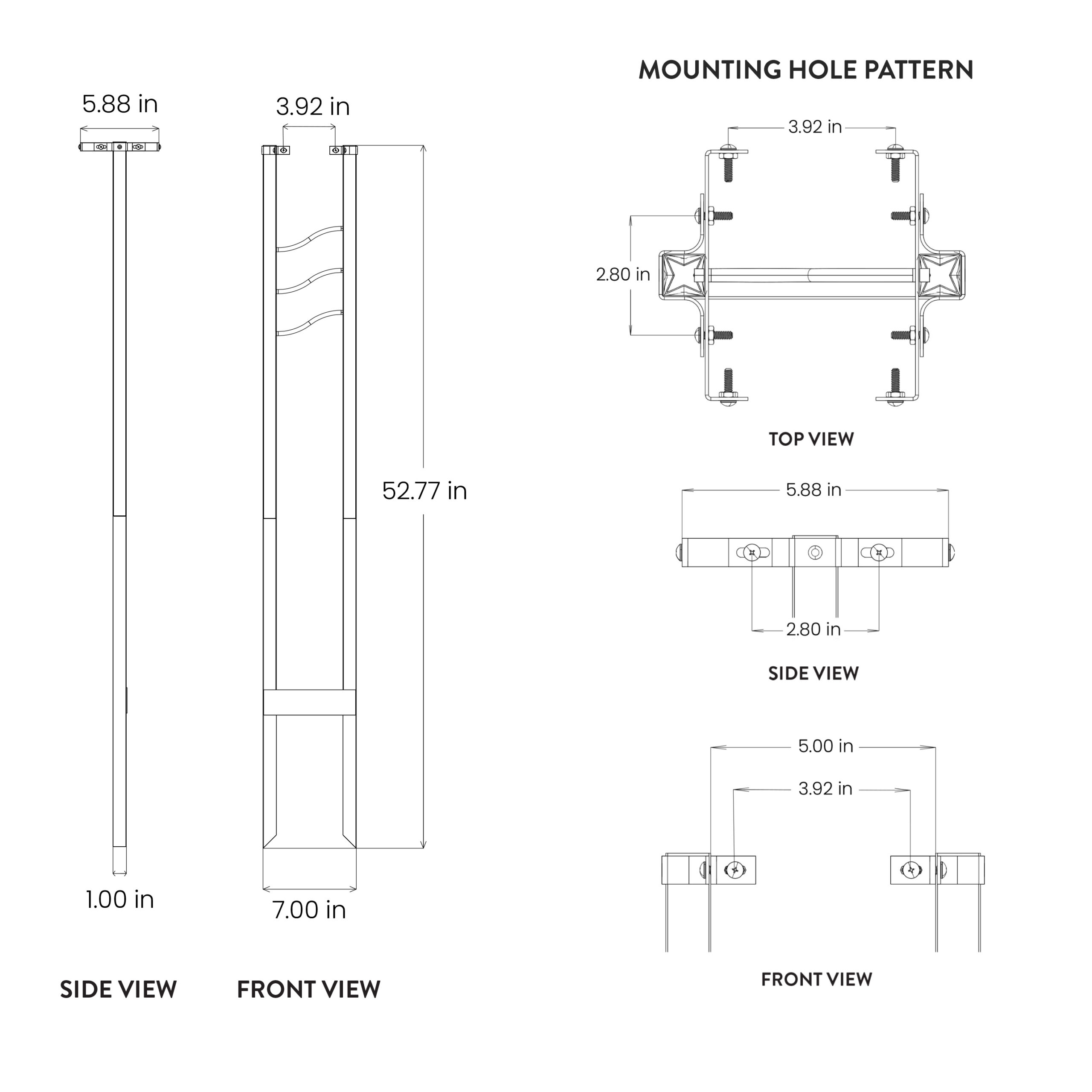 Engineering drawing of a mounting bracket with top, side, and front views and detailed dimensions (52.77 in height, 7 in base, hole spacing 3.92 in, 5.88 in overall width).