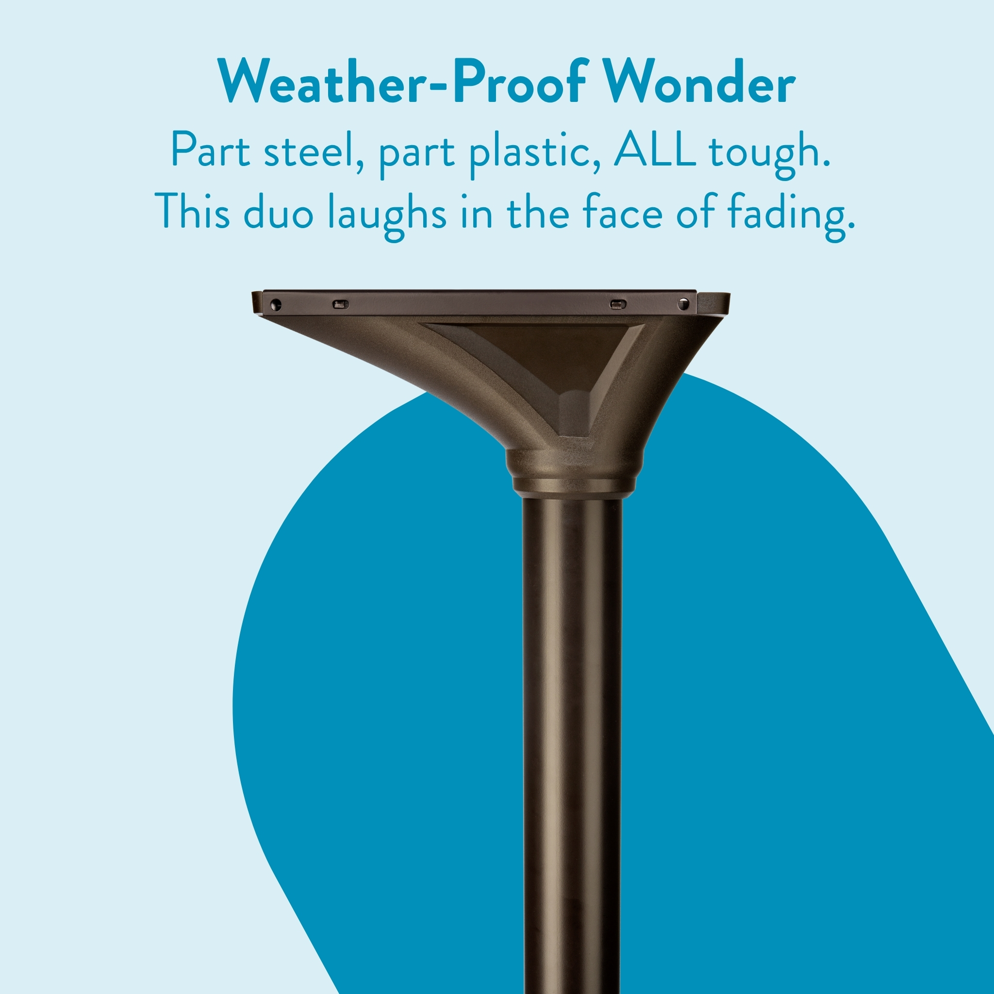 Product shot of a weatherproof tool: a brown steel-and-plastic pole with a wide rectangular head, shown against a pale blue background with a large blue shape behind it.