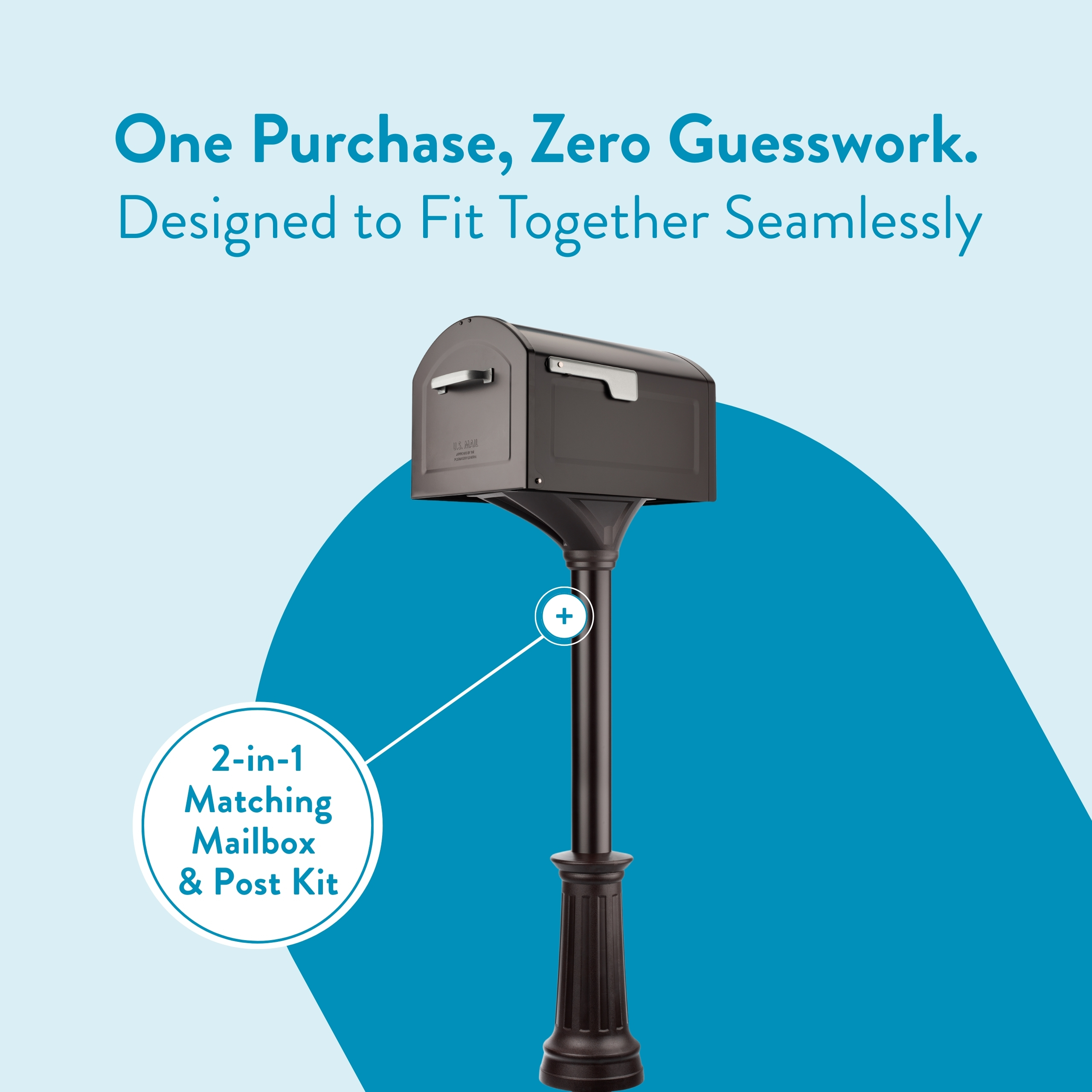Product banner showing a gray mailbox mounted on a black post with a circular badge reading "2-in-1 Matching Mailbox & Post Kit" against a blue background.