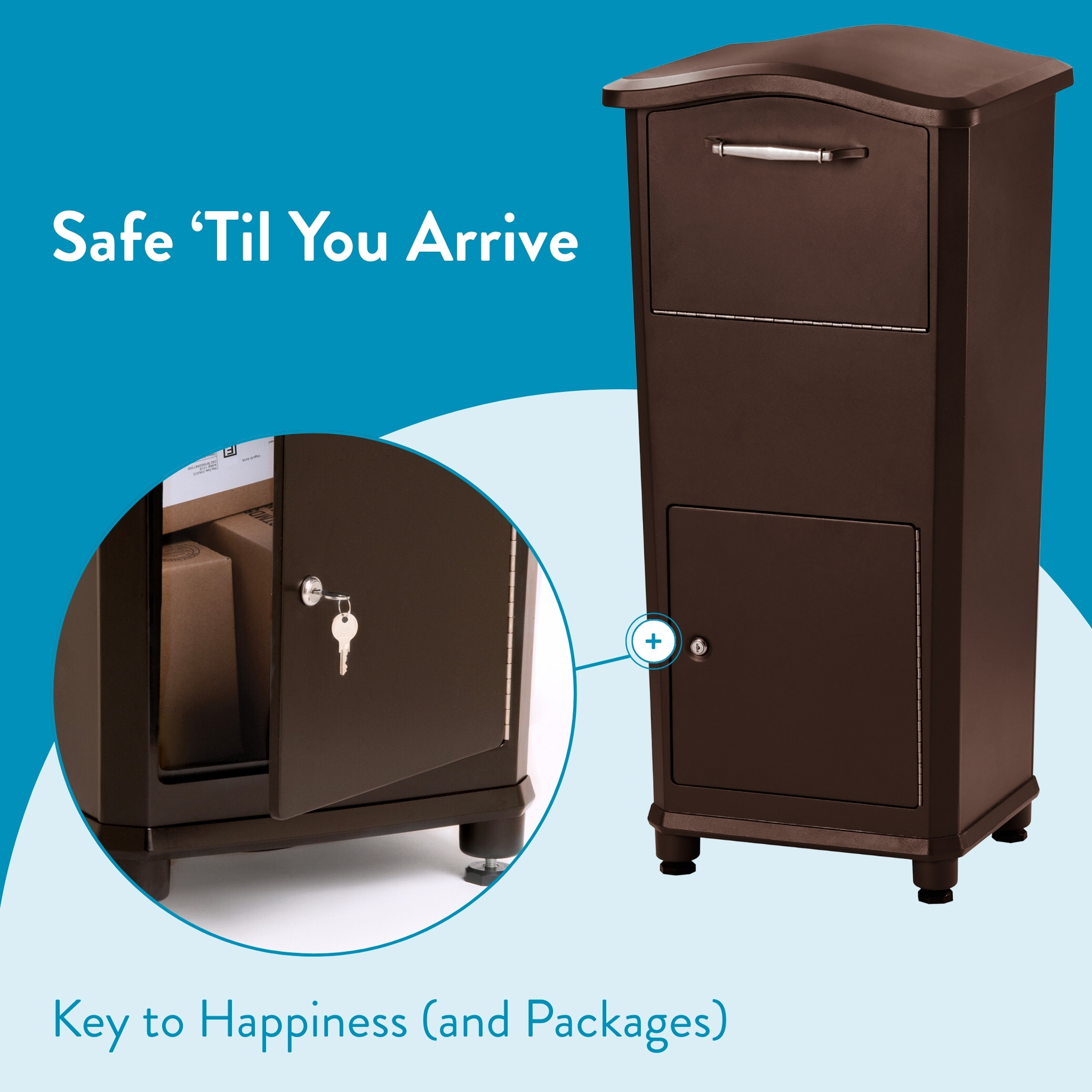 Brown mailbox-style parcel locker with a key in the lock; slogan reads 'Safe ’Til You Arrive' and caption 'Key to Happiness (and Packages)'