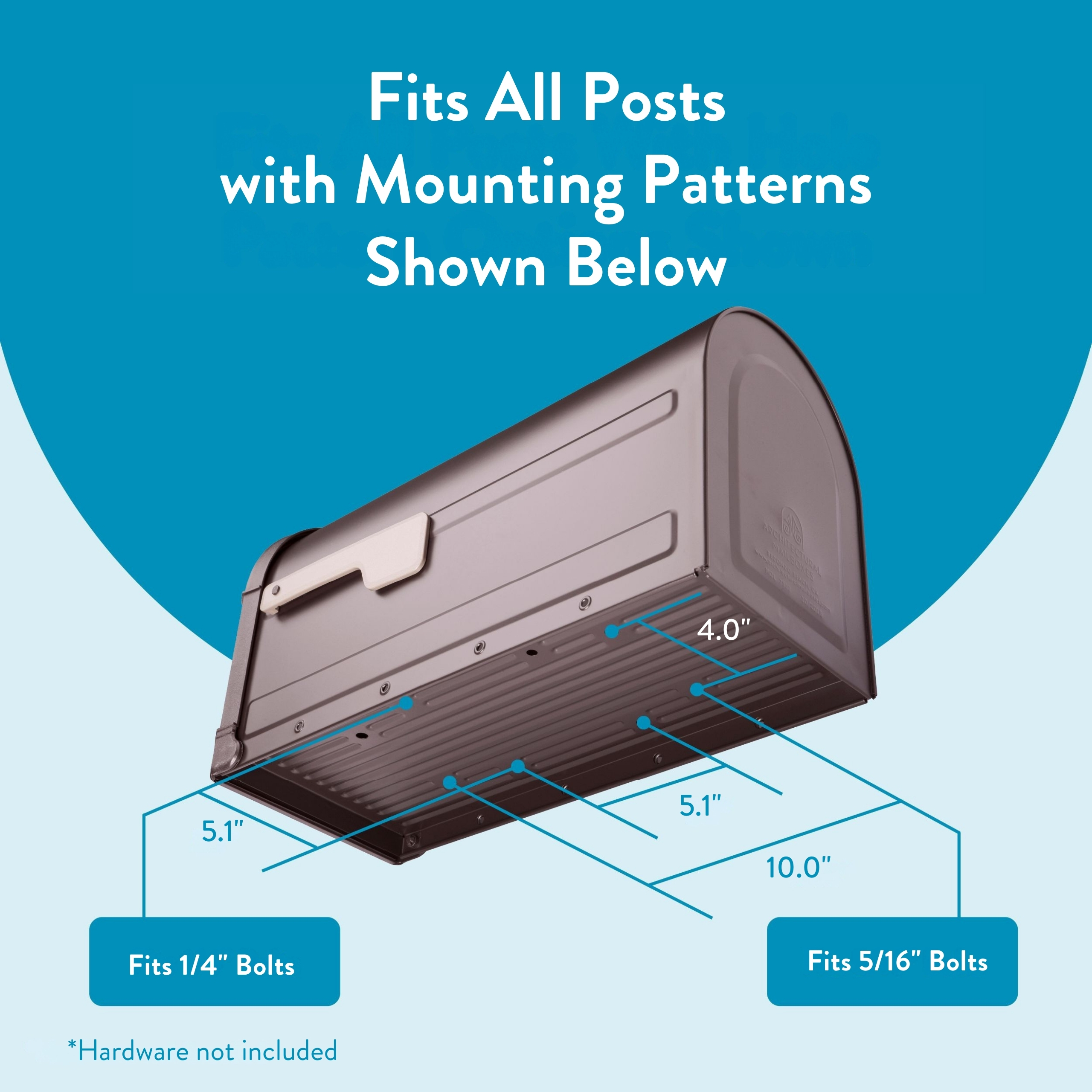 Diagram of a mailbox base with blue measurement lines showing mounting patterns: 4.0", 5.1", 10.0" and notes 'Fits 1/4" bolts' and 'Fits 5/16" bolts'— hardware not included.