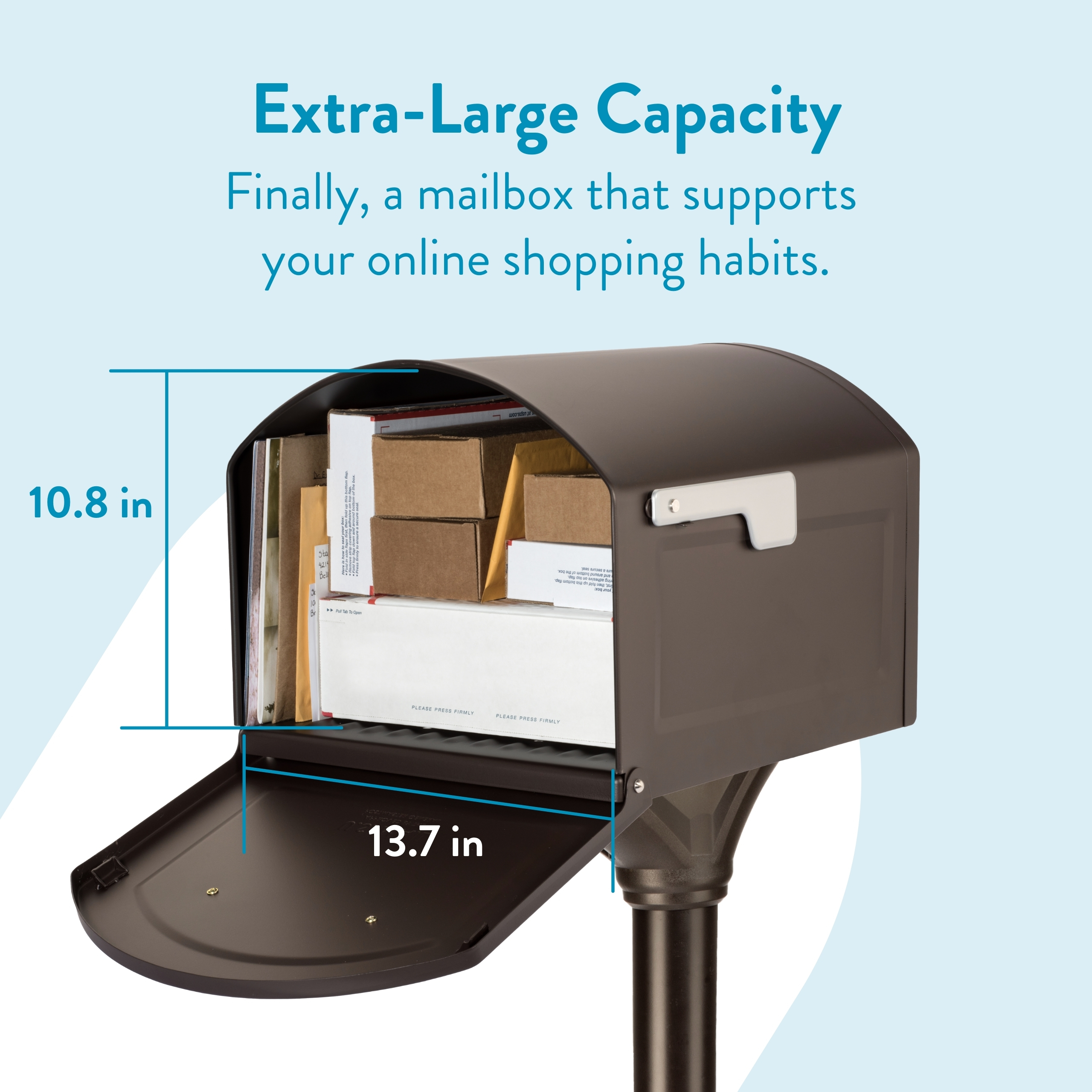 Open, oversized mailbox filled with packages and envelopes, illustrating its extra-large capacity for online shopping. (10.8 in high, 13.7 in wide dimensions shown)