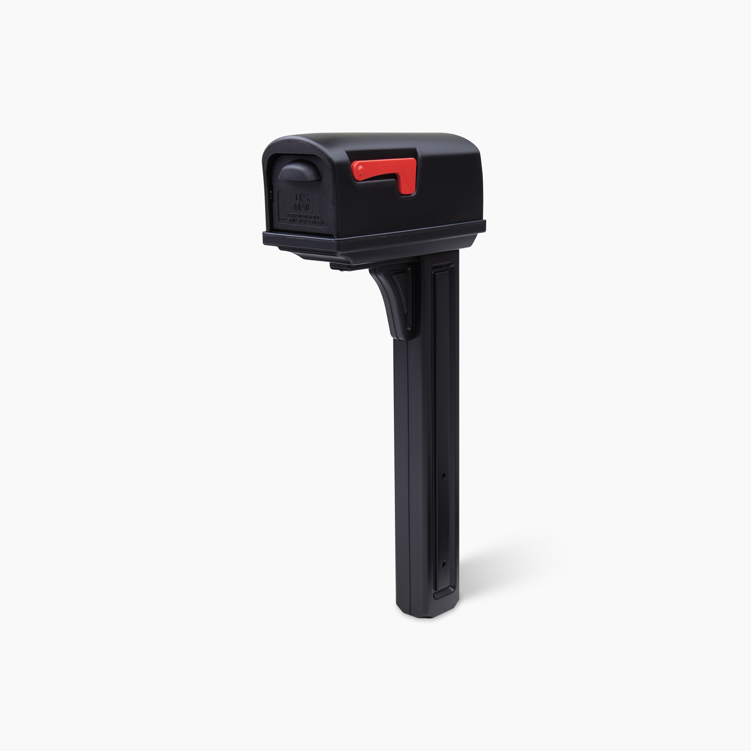 Compact black mailbox with a red flag mounted on a tall vertical post, isolated on a white background.