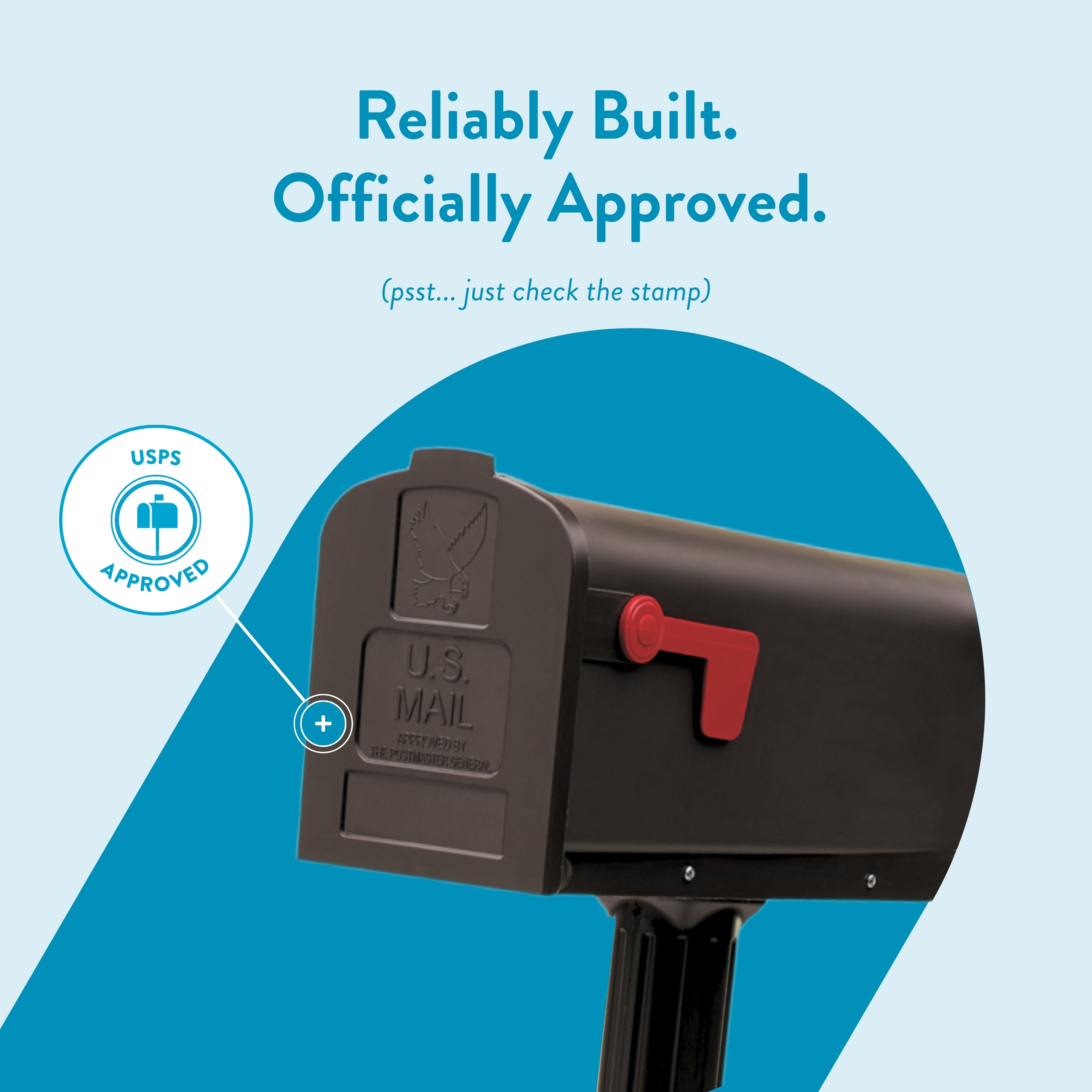 Poster showing a USPS-approved mail device with a red lever and a circular USPS badge, encouraging to check the stamp for approval.