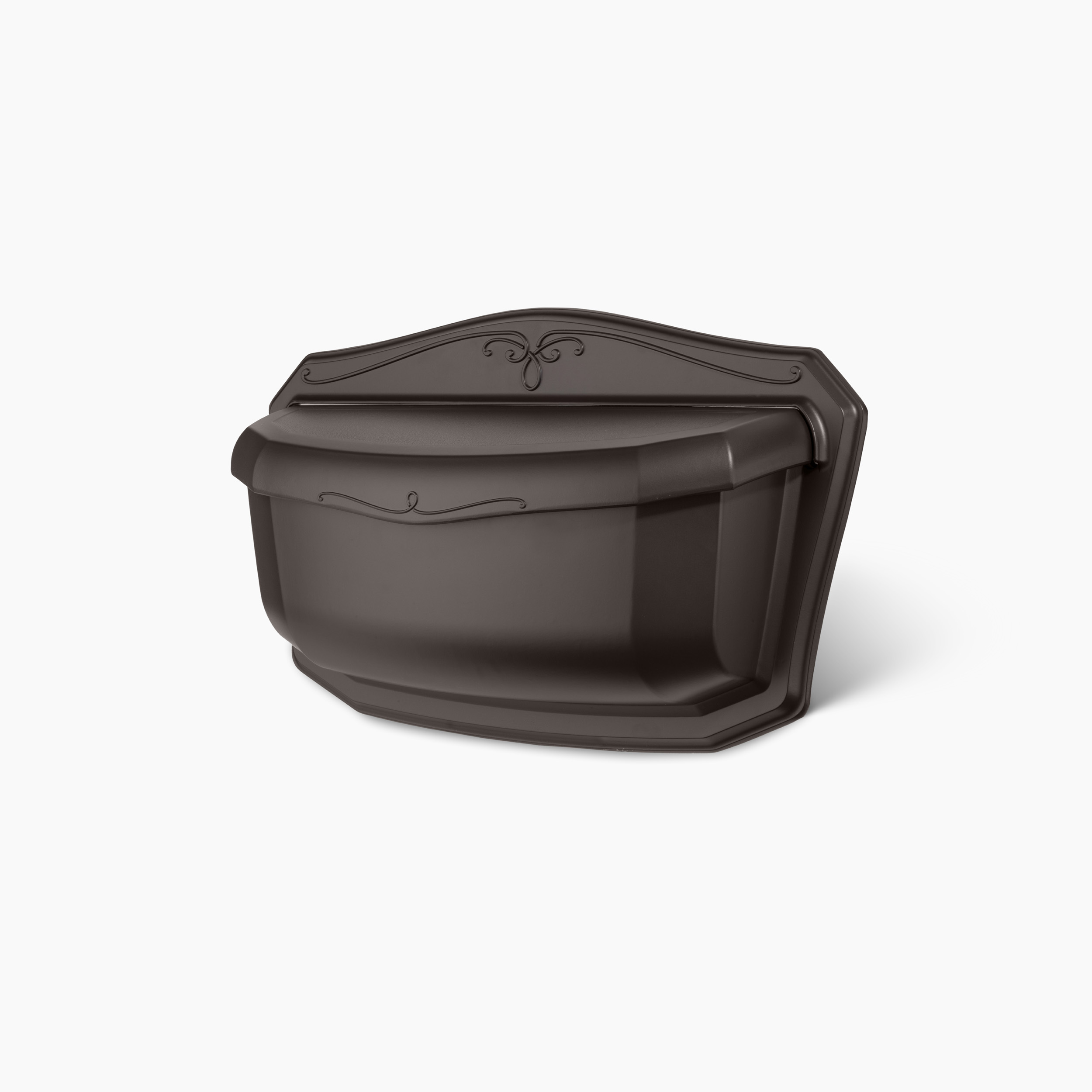 Decorative brown wall-mounted mailbox with ornate detailing and a curved lid for mail storage