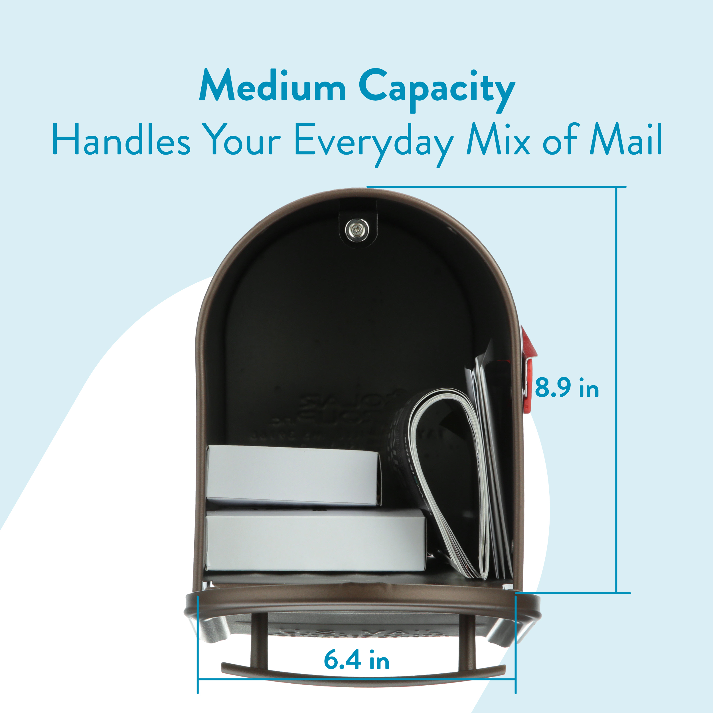Open medium-capacity mailbox with stacked mail inside, featuring blue dimension lines showing 8.9 in tall and 6.4 in wide.