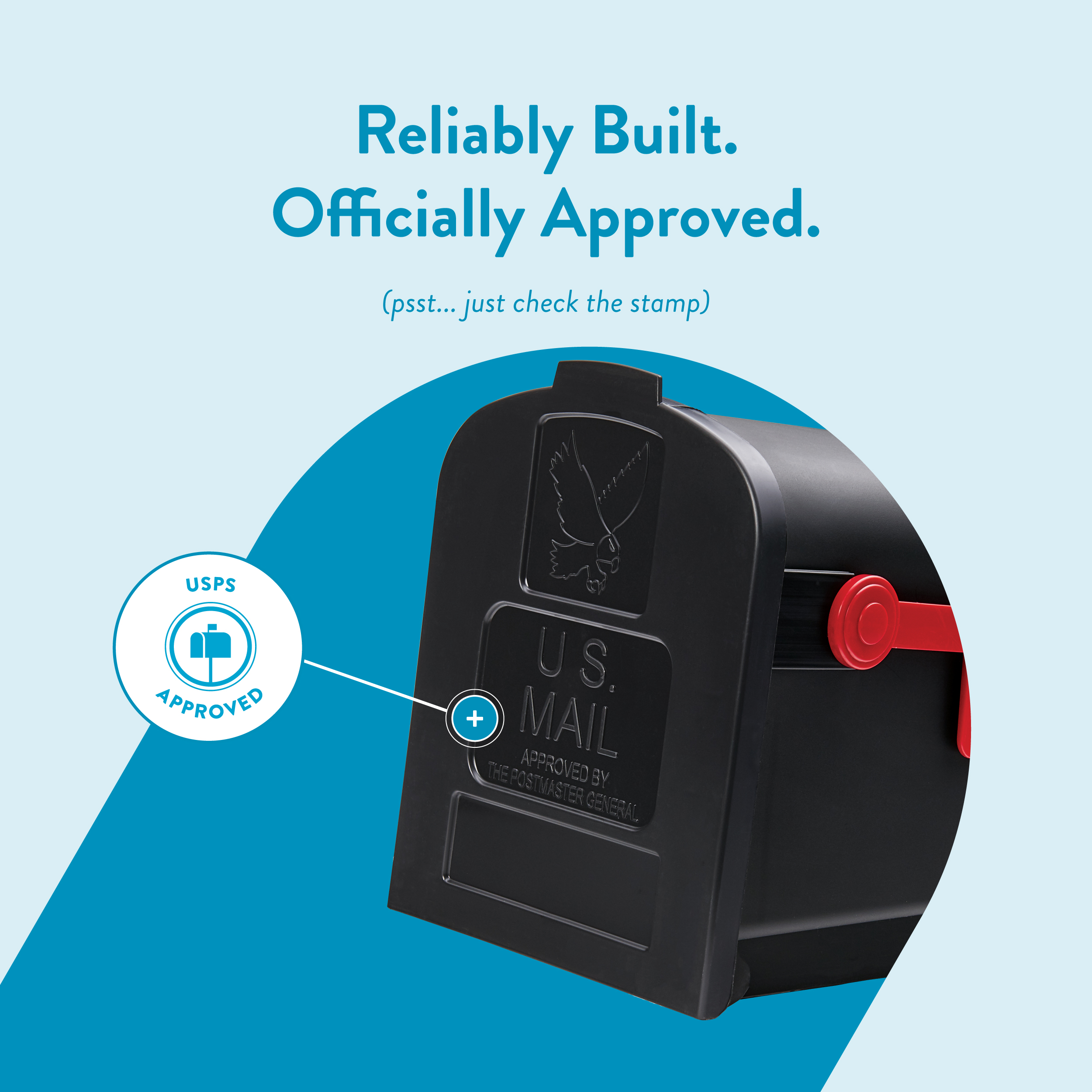 Advertising graphic showing a USPS-approved black mailbox with a blue USPS seal and curved teal background, emphasizing reliability and official approval.