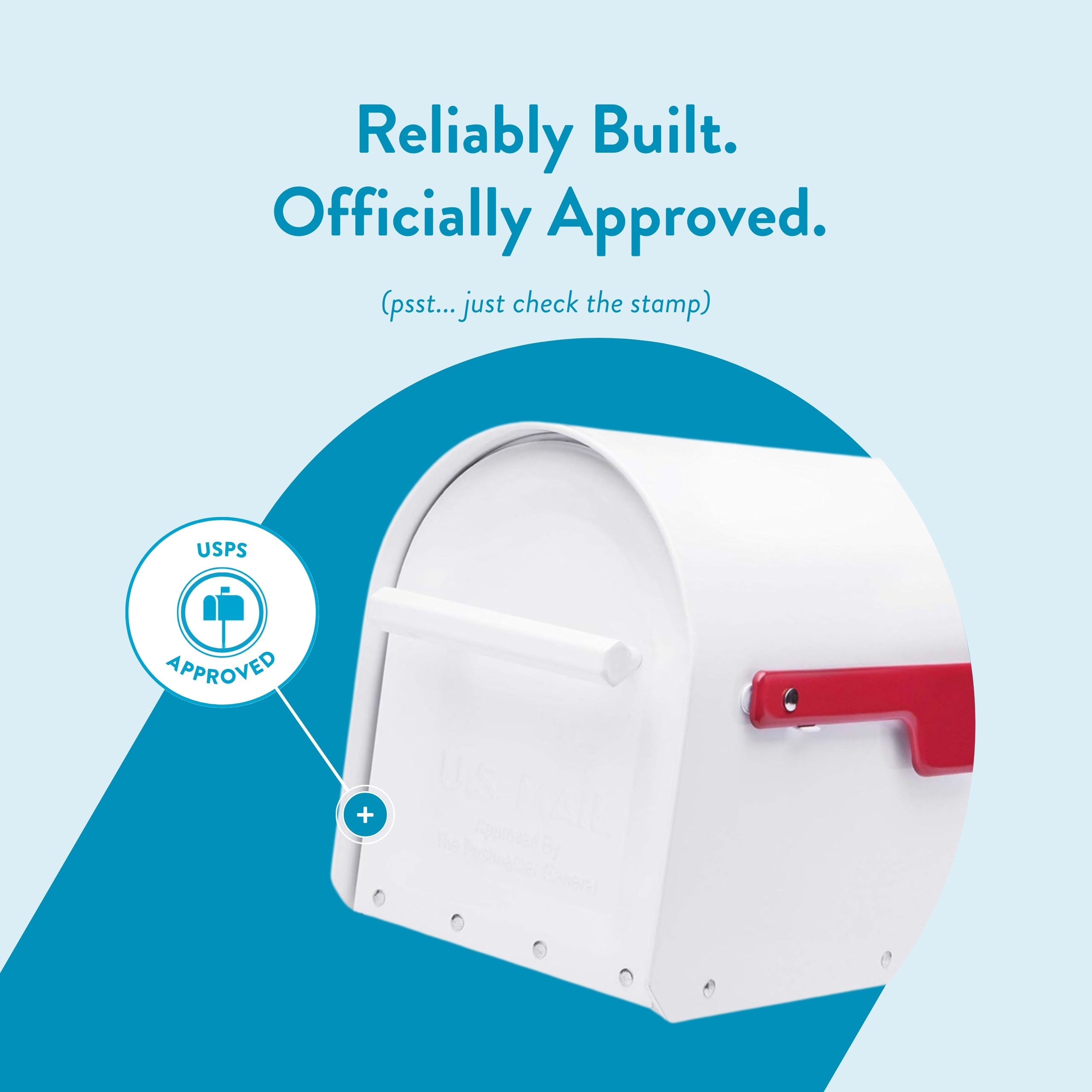 Marketing graphic of a white mailbox with a red flag on a teal, curved background and a USPS Approved badge nearby.
