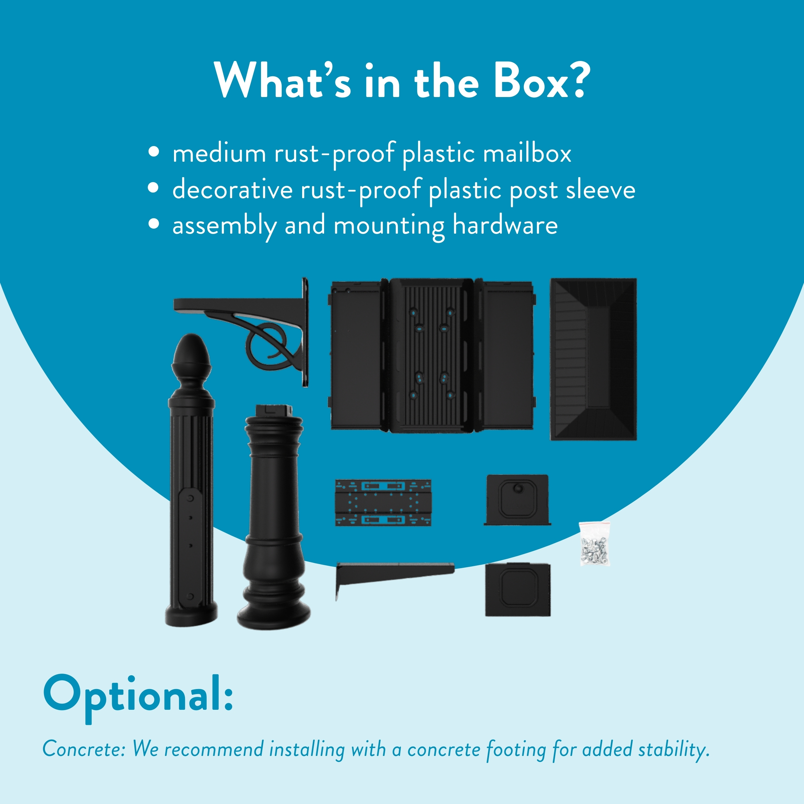 Promotional graphic titled 'What’s in the Box?' showing rust-proof mailbox parts and mounting hardware laid out on blue background.