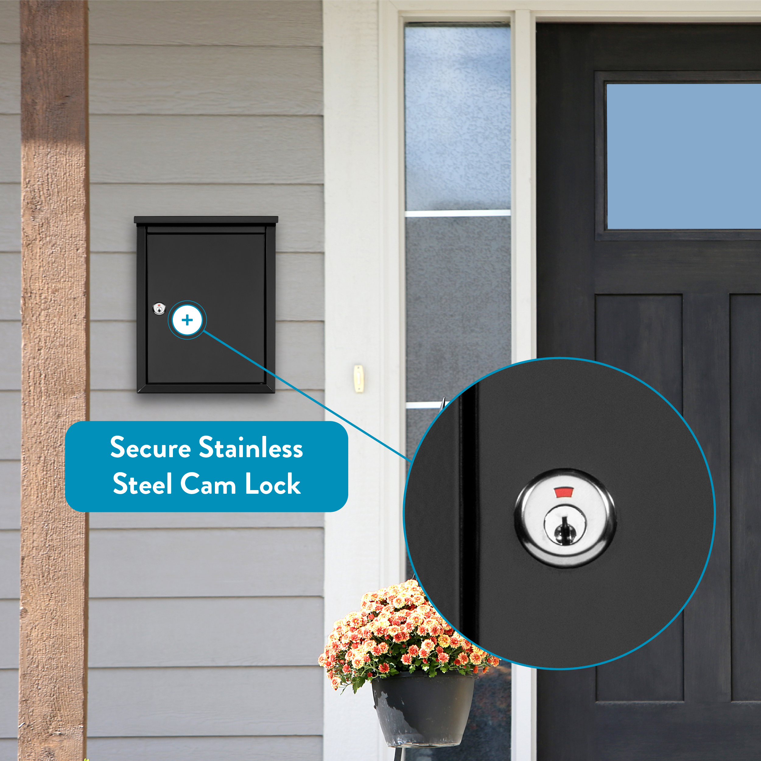 Black wall mailbox with a close-up of a secure stainless steel cam lock highlighted in a circular magnifier