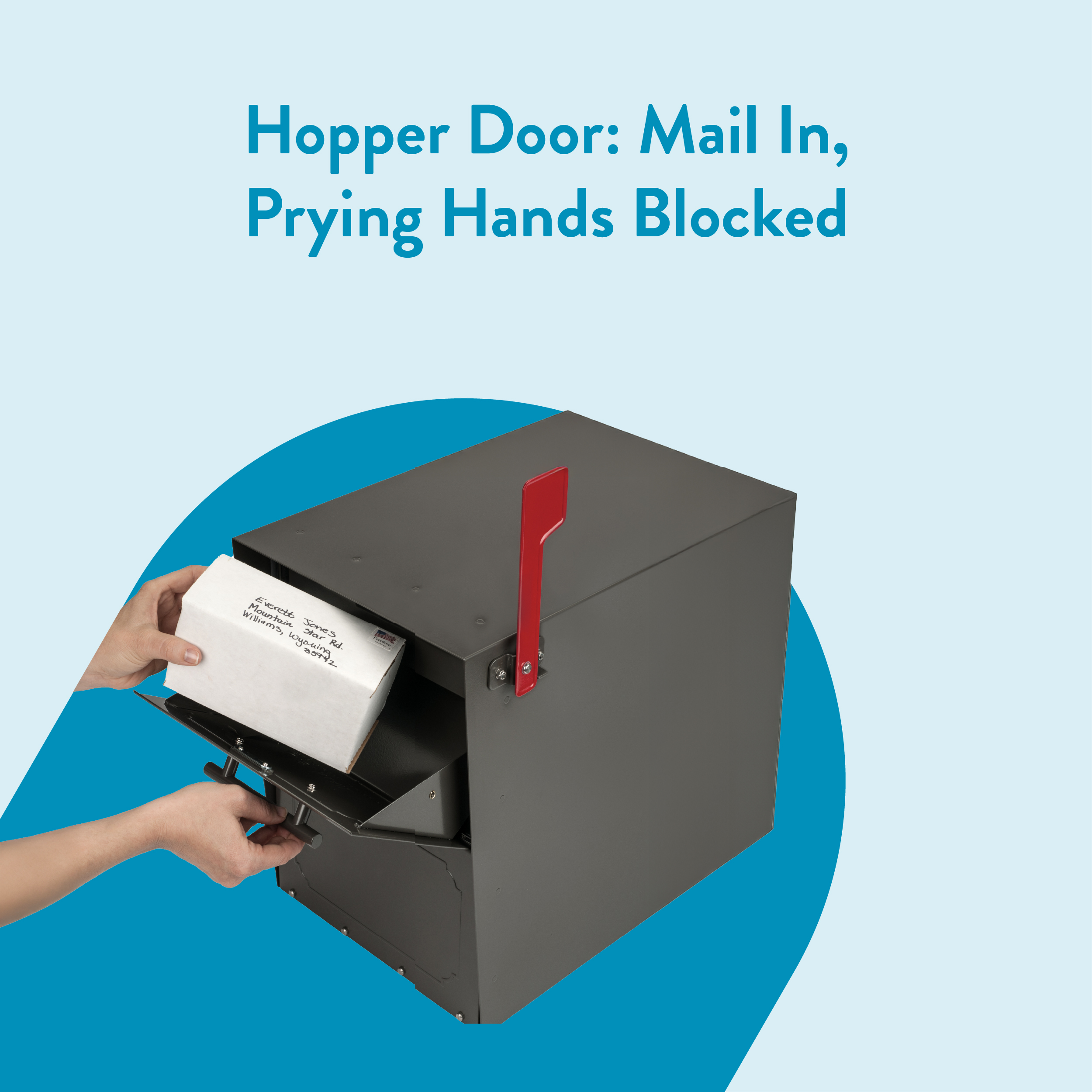 Gray mail-in hopper with a red vertical handle, a hand inserting a white box into the slot against a light blue background with a teal arc behind it.
