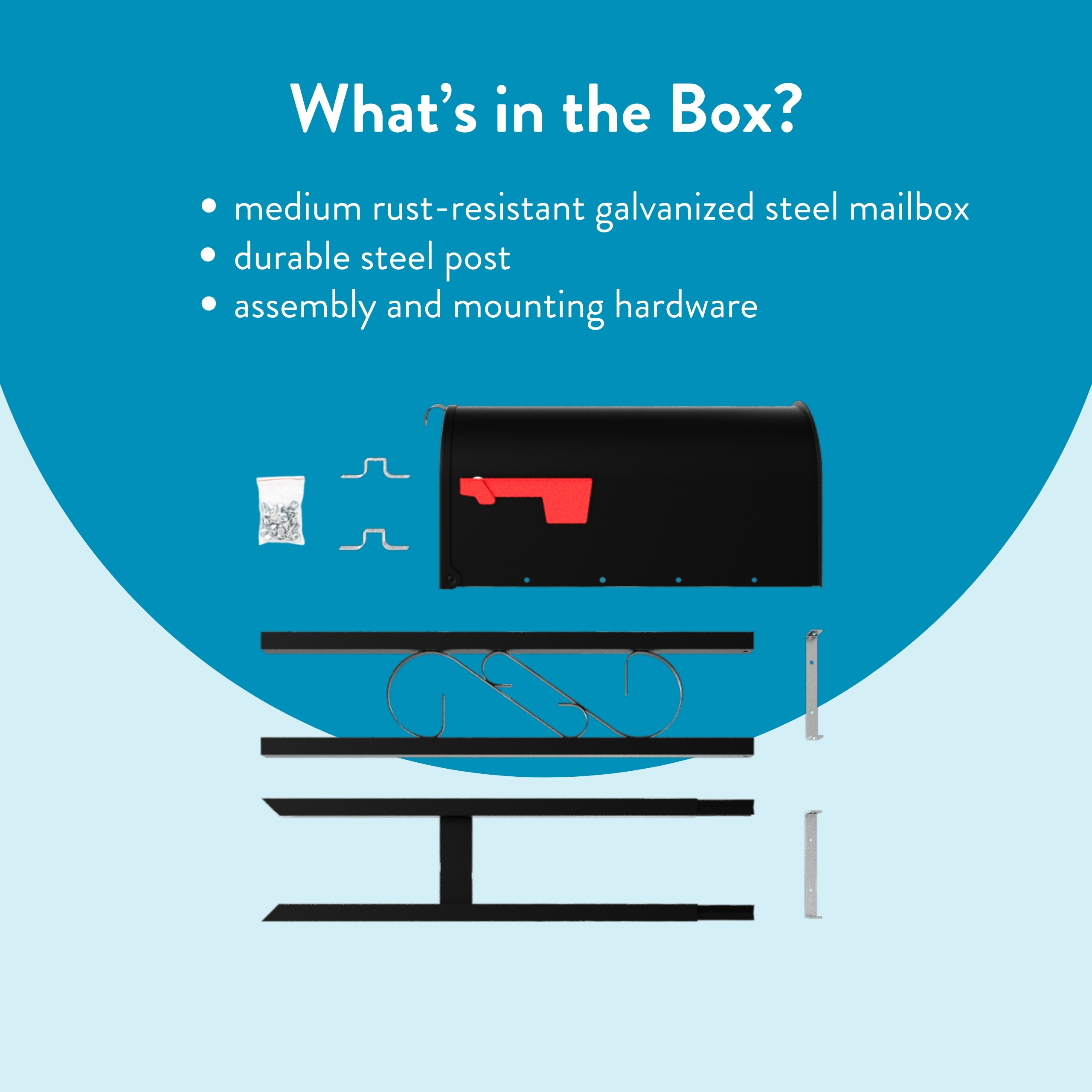 Infographic titled What's in the Box? listing a galvanized steel mailbox, steel post, and mounting hardware on blue background.