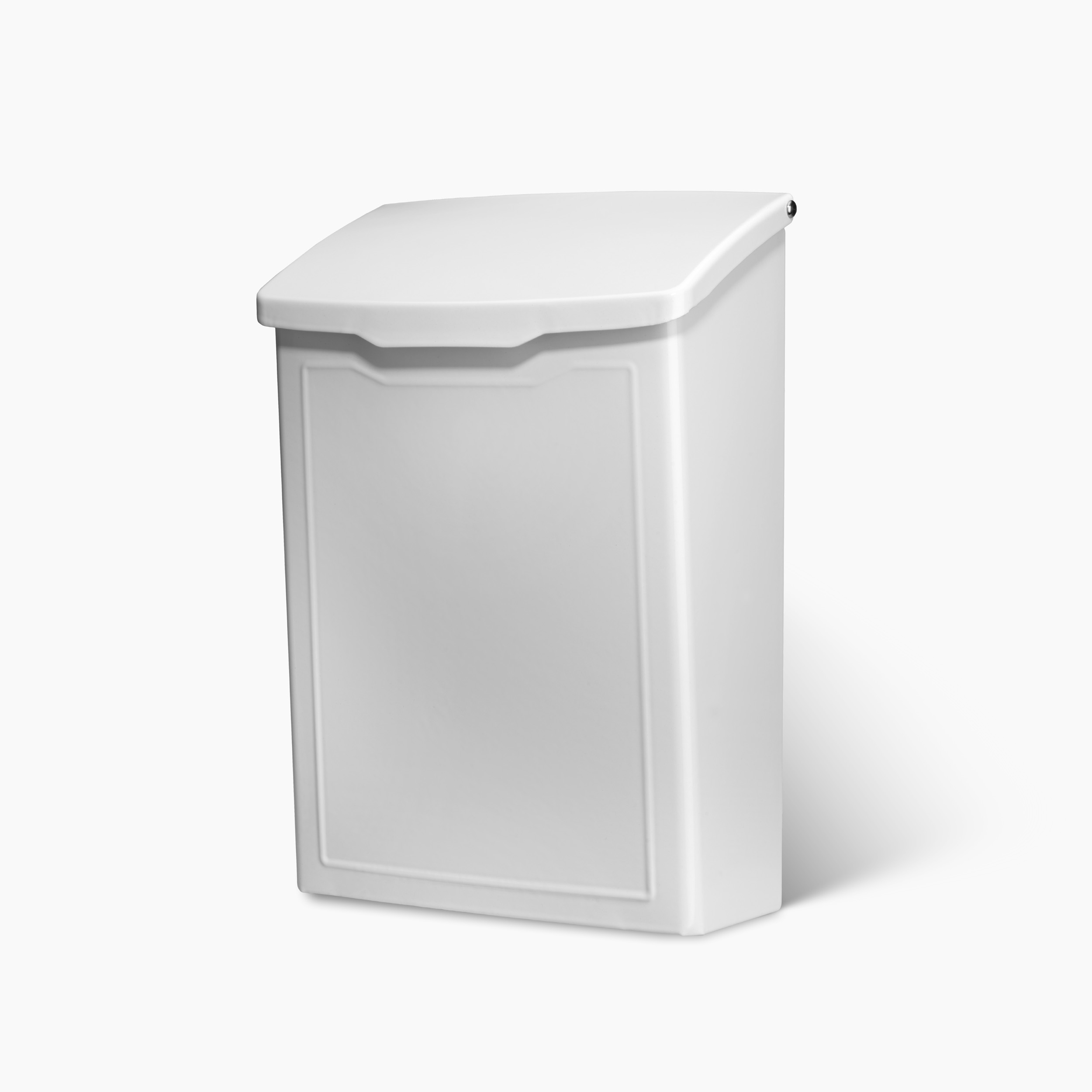White rectangular lidded trash can with a slightly curved top and inset front panel.