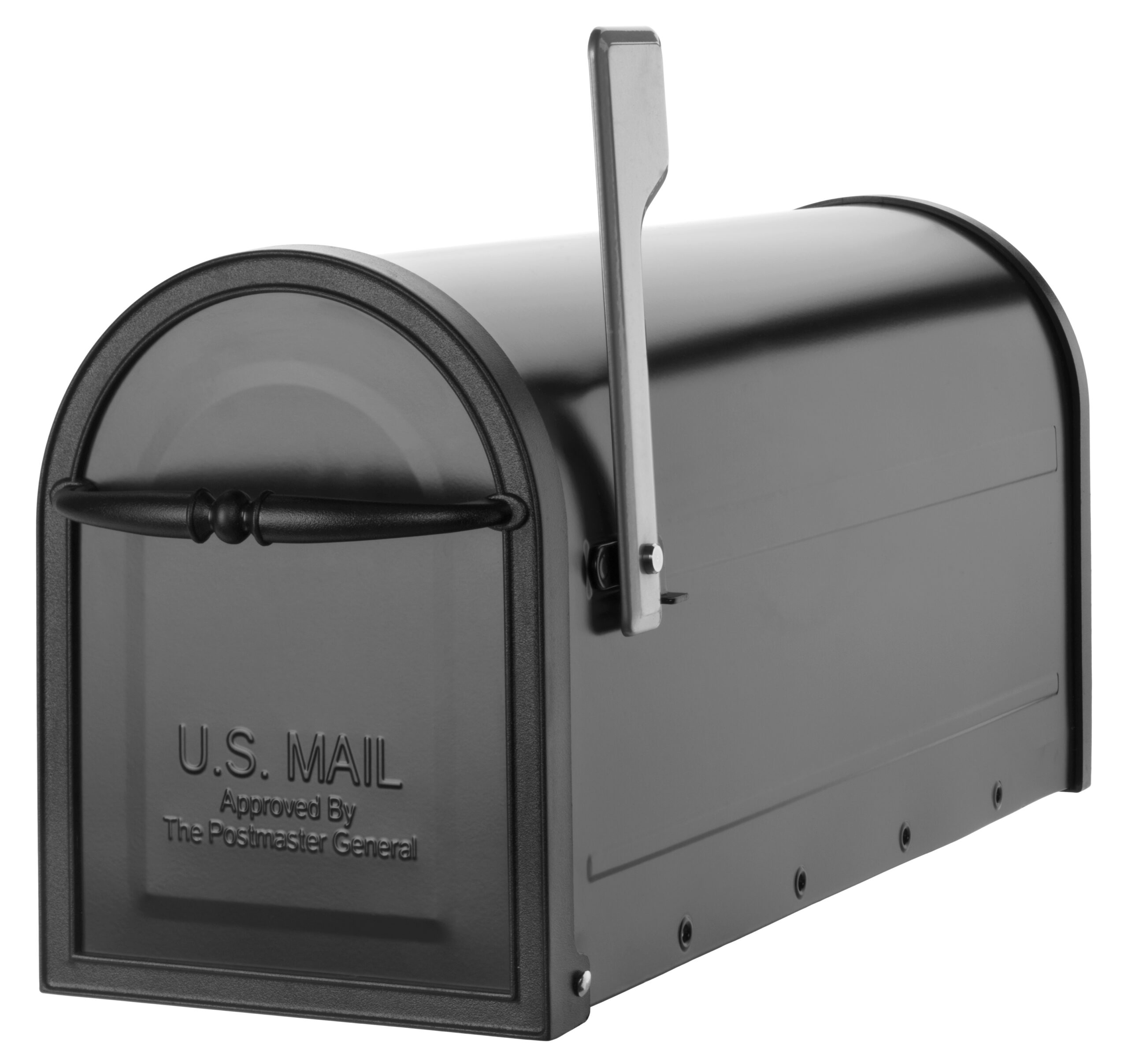 Black U.S. Mail mailbox with the flag raised, viewed from the side, against a white background.