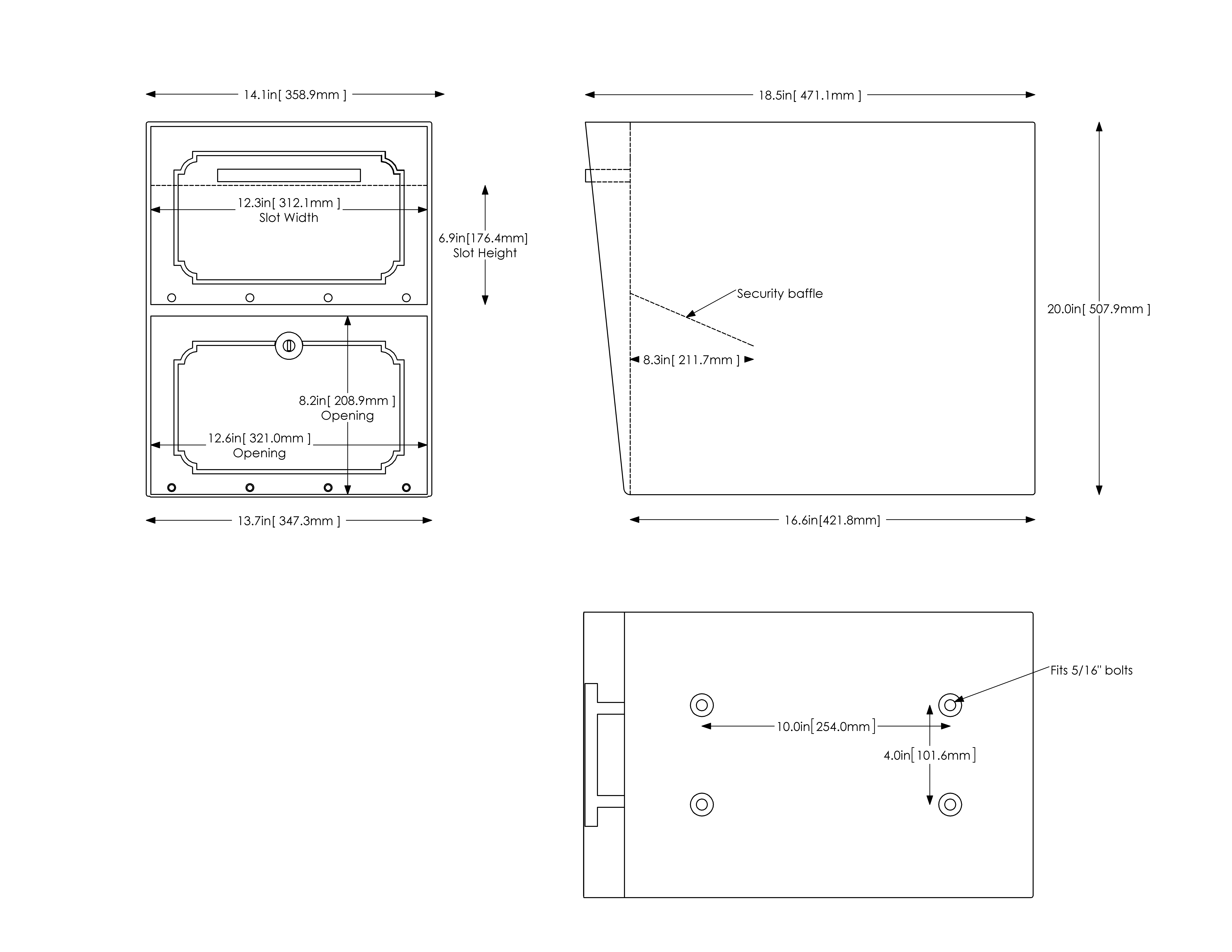 Engineering drawing of a two‑chamber enclosure with front and side views, showing overall dimensions, internal slot and openings, and mounting features; includes notes on security baffle and outer size roughly 20 in tall by 18.5 in wide.