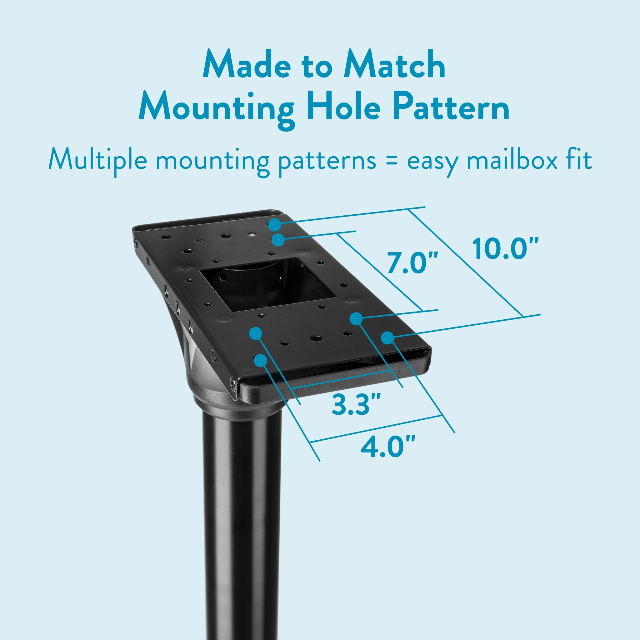 Mounting plate with multiple hole patterns and dimensions (7.0 x 10.0 inches) for mailbox installation on a post.