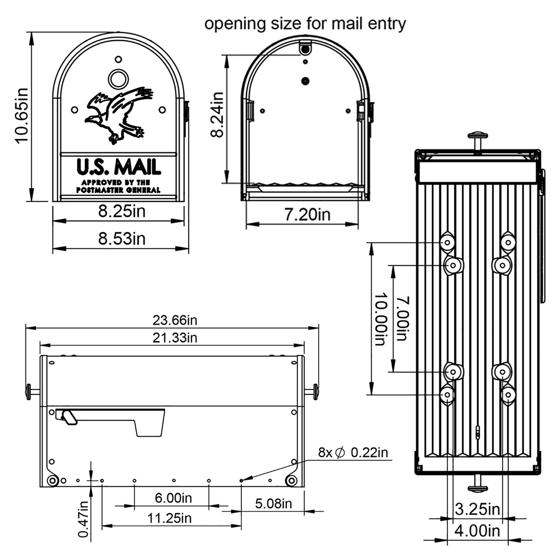 Technical diagram of a U.S. mail mailbox with front, side, and bottom views and measurements in inches.