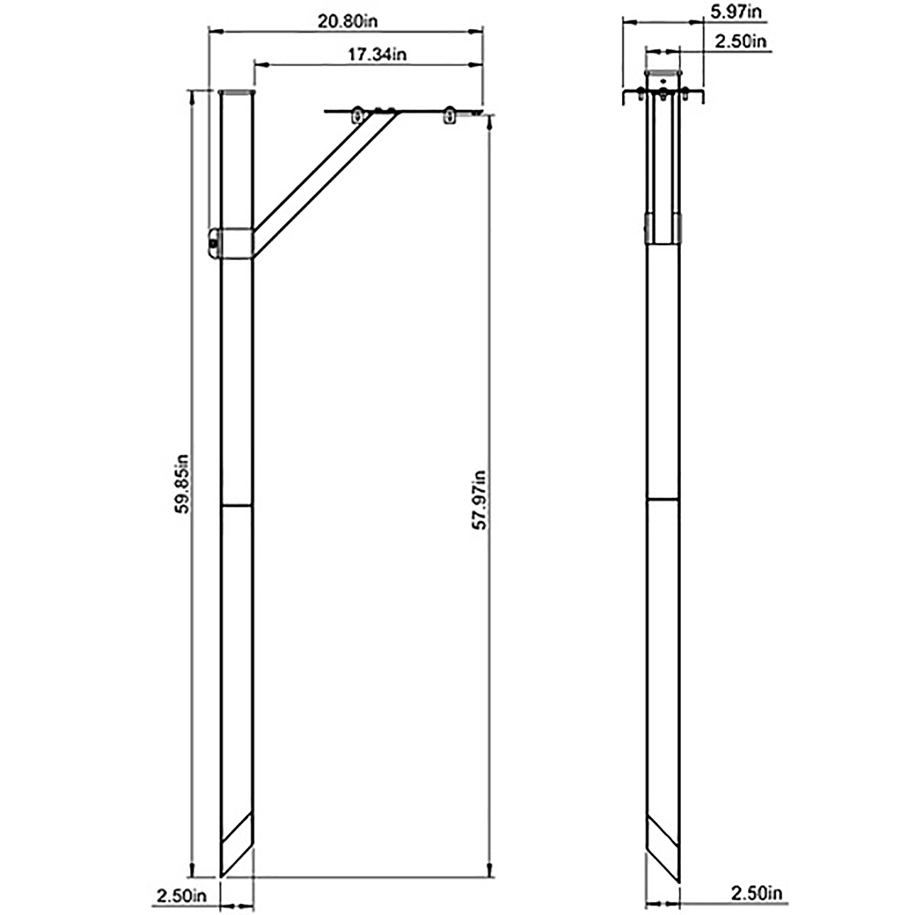 Engineering drawing of a tall rectangular frame with a diagonal brace and mounting brackets, shown in front and side views. Dimensions shown in inches: overall height ~59.85 in, inner height ~57.97 in, top arm ~20.80 in with a 17.34 in inner span, base width ~2.50 in, and side profile indicating a narrow rail of ~2.50 in width; details include brackets and fasteners at the top.