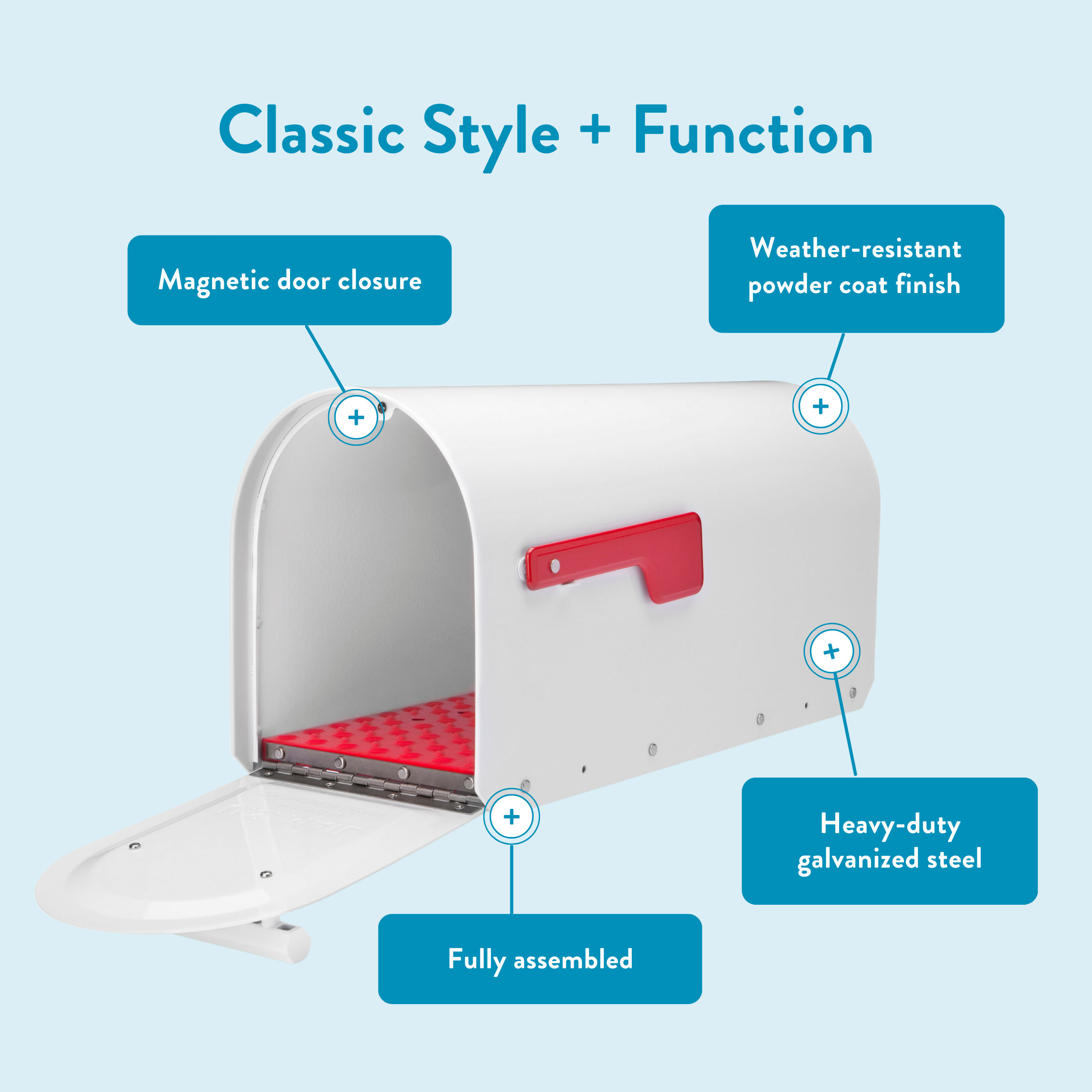 Classic-style mailbox highlighting magnetic door closure, powder-coated finish, and sturdy full-assembly steel construction for curbside use.