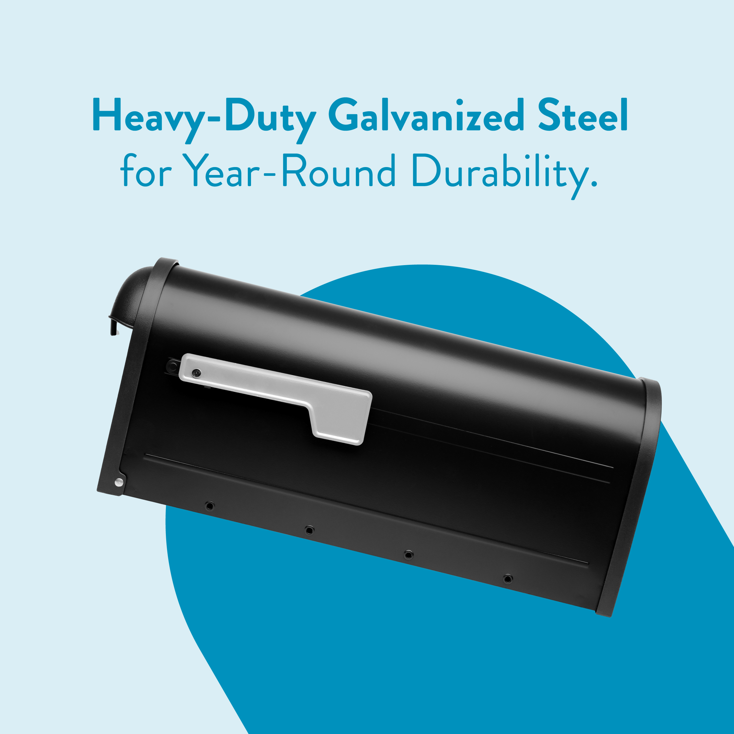 Advertisement graphic for a mailbox: a black heavy-duty galvanized steel mailbox diagonally placed over a blue circle on a light blue background with the slogan 'Heavy-Duty Galvanized Steel for Year-Round Durability.'