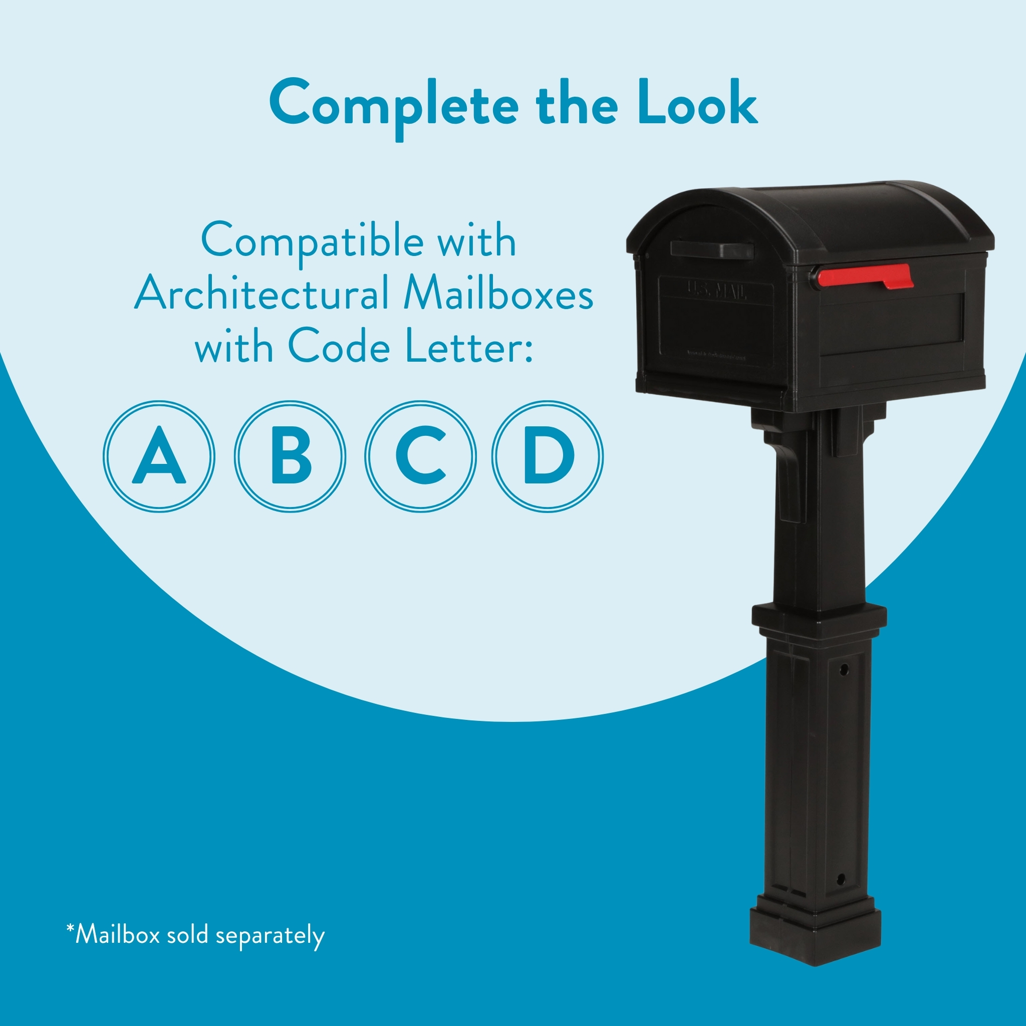 Promotional graphic showing a black mailbox on a post with blue circular A–D badges and the text “Complete the Look” and “Compatible with Architectural Mailboxes with Code Letter: A B C D.”