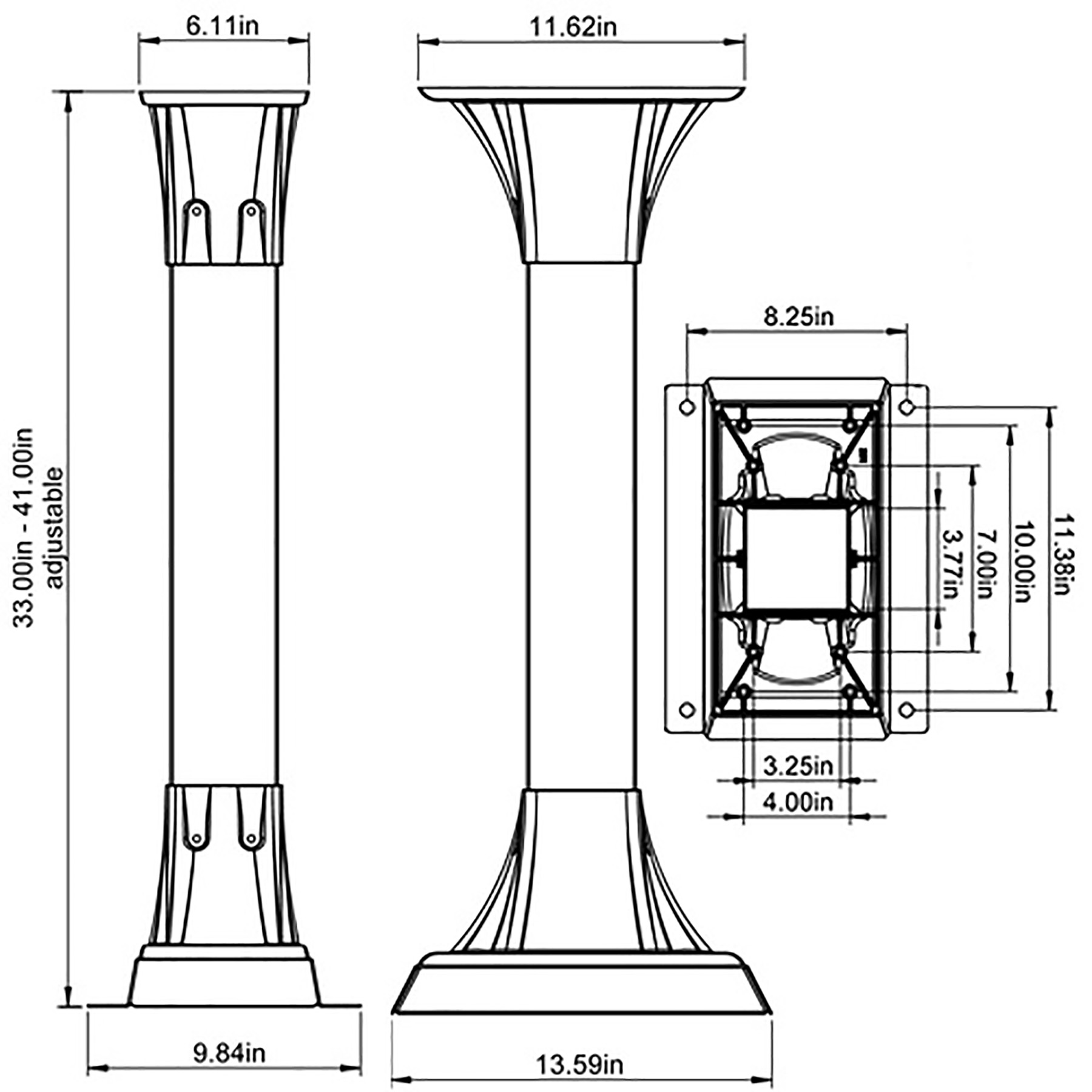 Engineering drawing of a decorative street lamp showing front, side, and mounting-plate views with dimensions: overall height about 41 in, base width 9.84 in, lantern head widths ~6.11 in and 11.62 in, and mounting plate details with 8.25 in width and 11.38 in overall height.