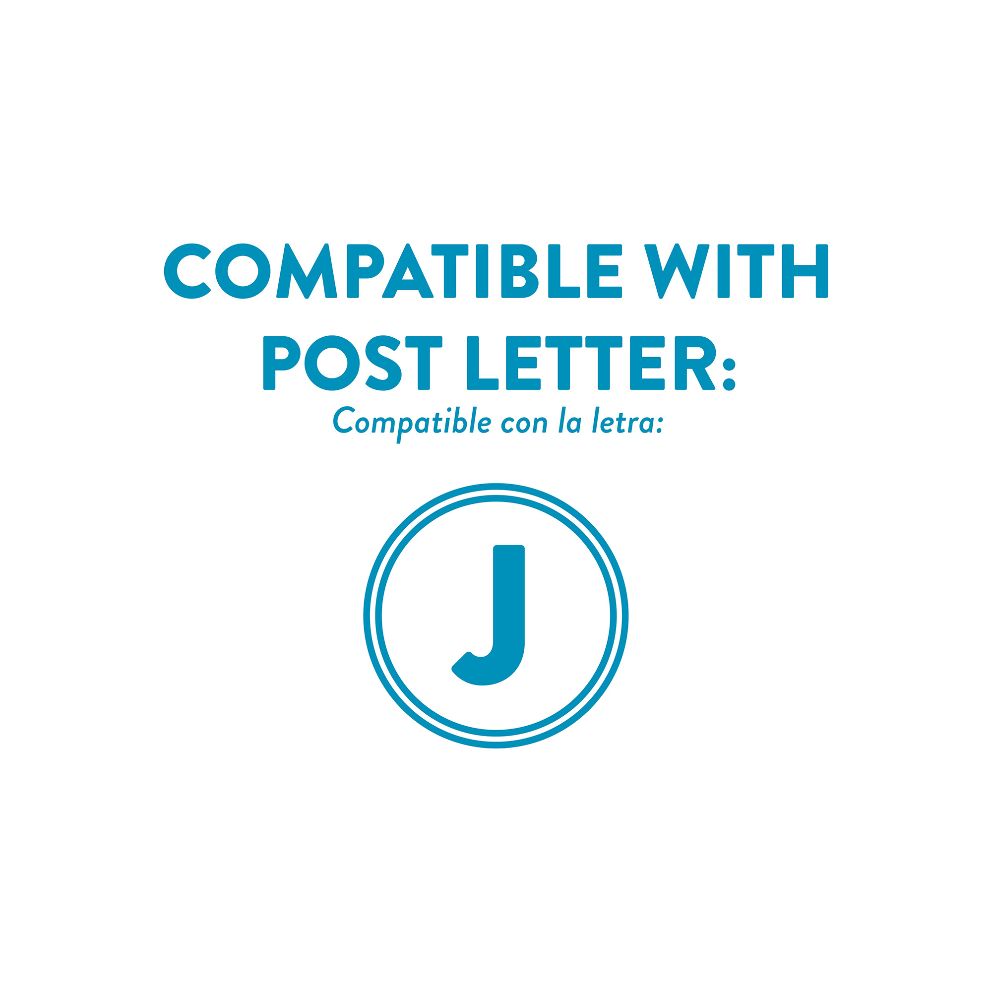 Blue graphic reading 'COMPATIBLE WITH POST LETTER' with a circular badge containing the letter J
