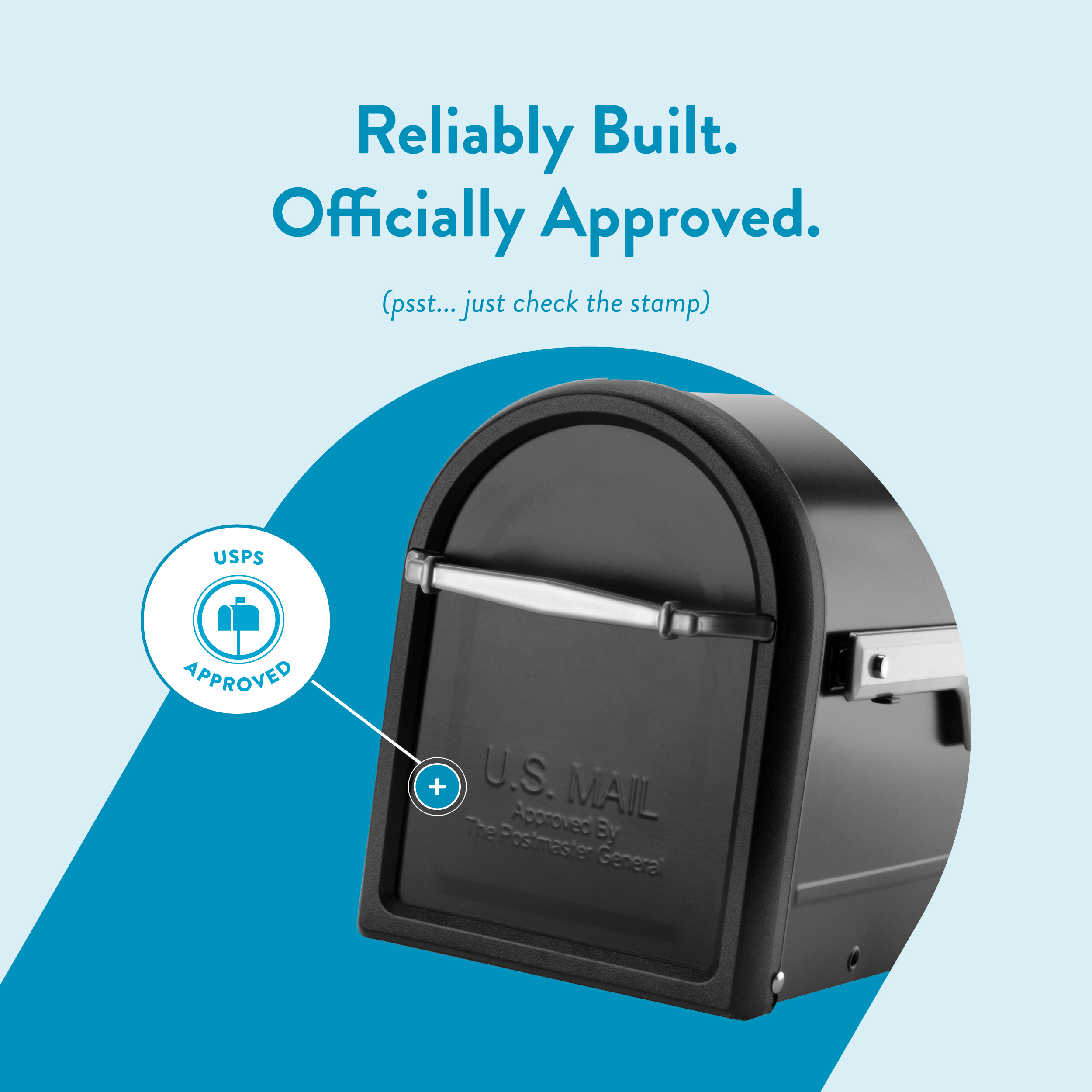 Close-up of a promotional banner reading 'Reliably Built. Officially Approved.' with a USPS-approved stamp on a blue curved shape against a light blue background.