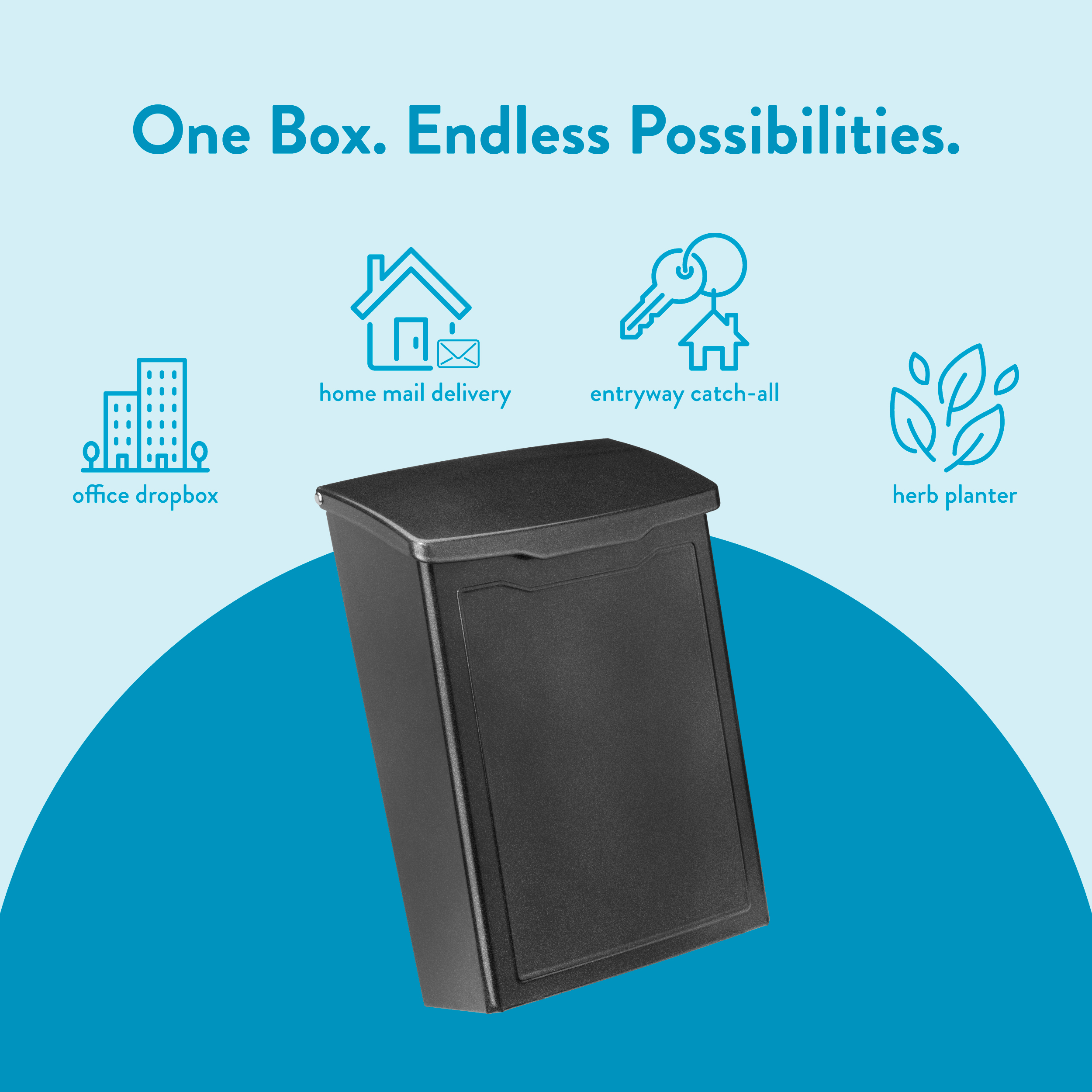 Black multiuse storage box on a blue background with icons (office dropbox, home mail delivery, entryway catch-all, herb planter) and the slogan 'One Box. Endless Possibilities.'